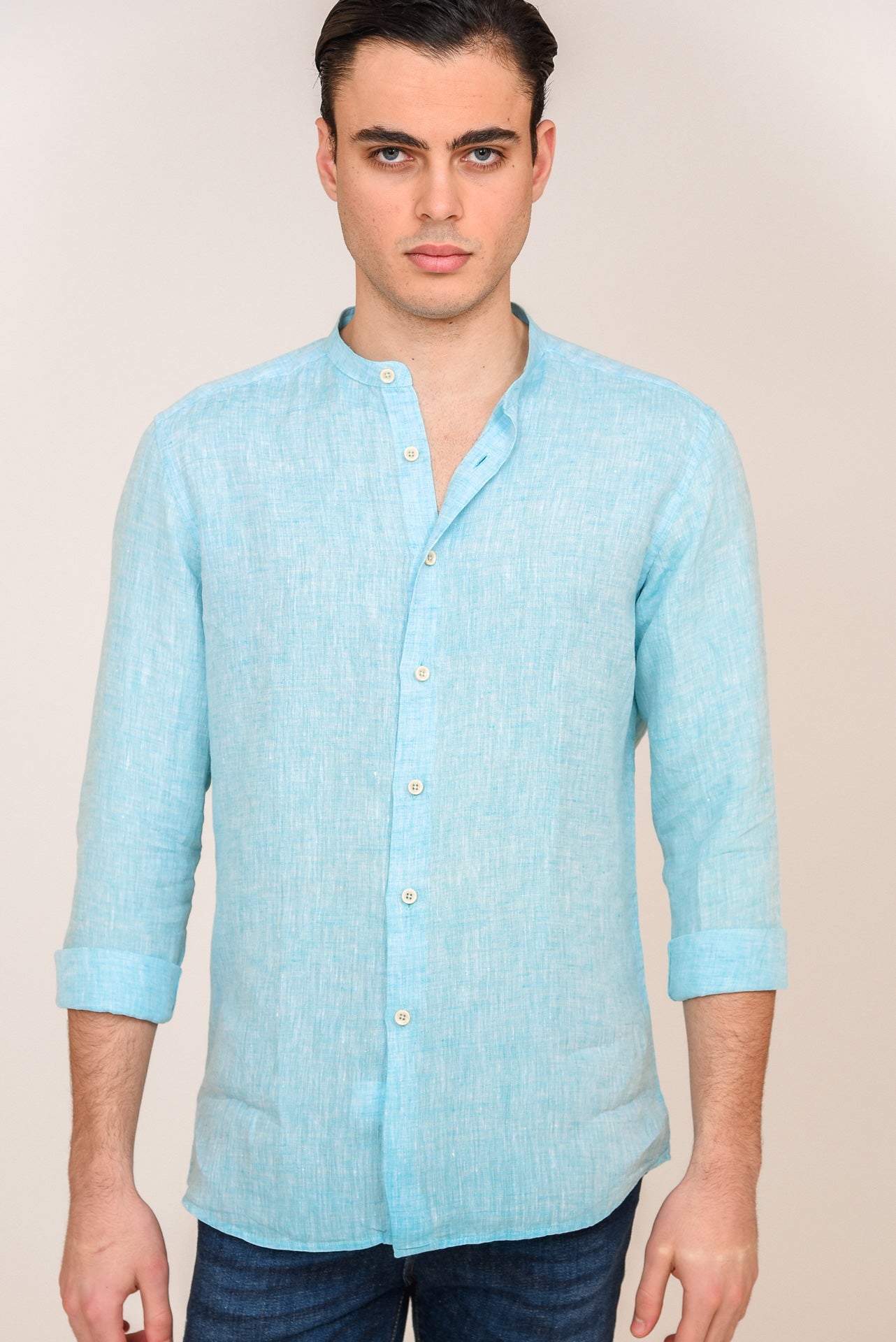 ΑΝΔΡΙΚΟ ΠΟΥΚΑΜΙΣΟ ΜΕ MAO ΓΙΑΚΑ PORTOBELLO'S ΤΙΡΚΟΥΑΖ ΧΡΩΜΑ ΛΙΝΟ ΜΕ ΜΠΕΖ ΚΟΥΜΠΙΑ