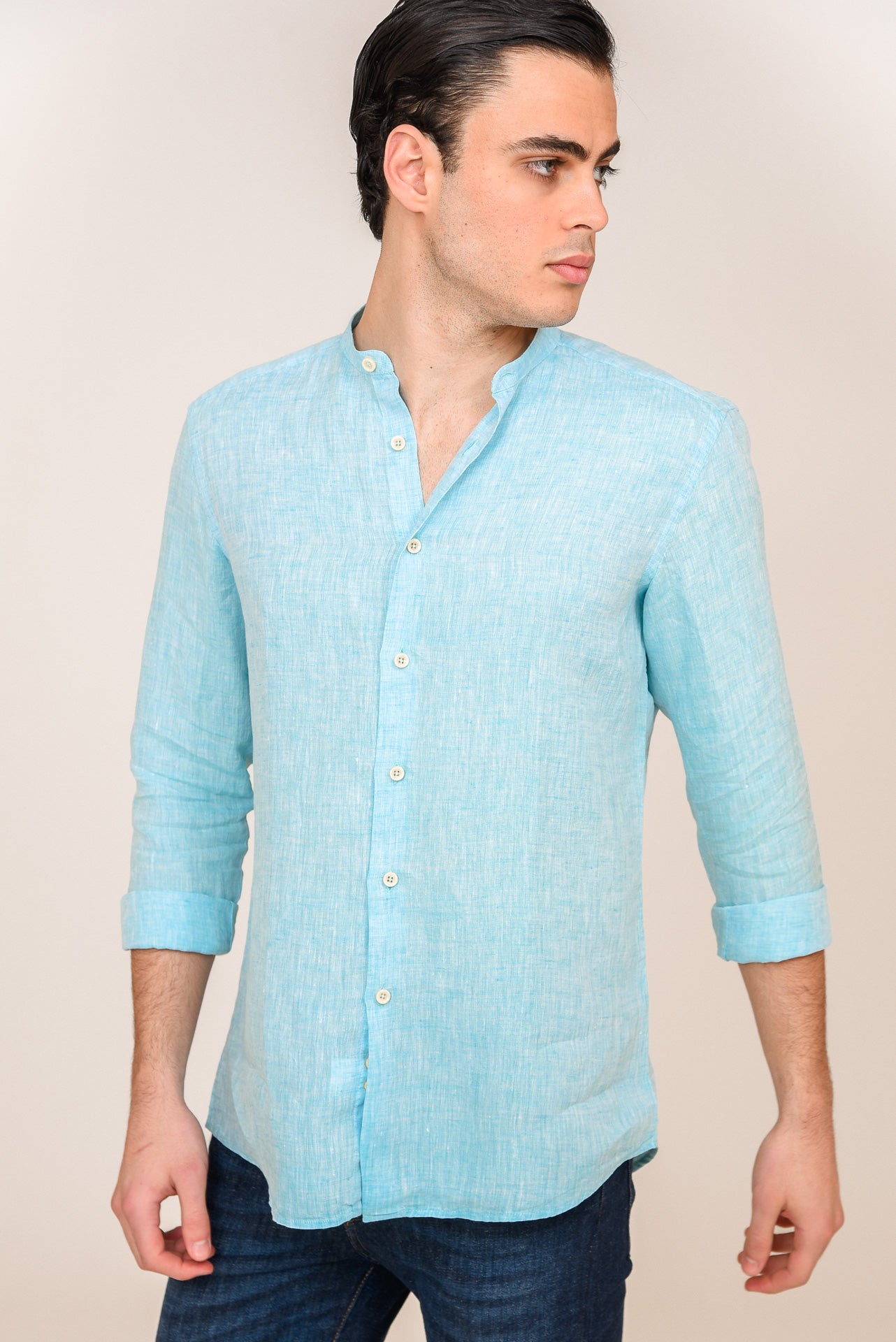 ΑΝΔΡΙΚΟ ΠΟΥΚΑΜΙΣΟ ΜΕ MAO ΓΙΑΚΑ PORTOBELLO'S ΤΙΡΚΟΥΑΖ ΧΡΩΜΑ ΛΙΝΟ ΜΕ ΜΠΕΖ ΚΟΥΜΠΙΑ