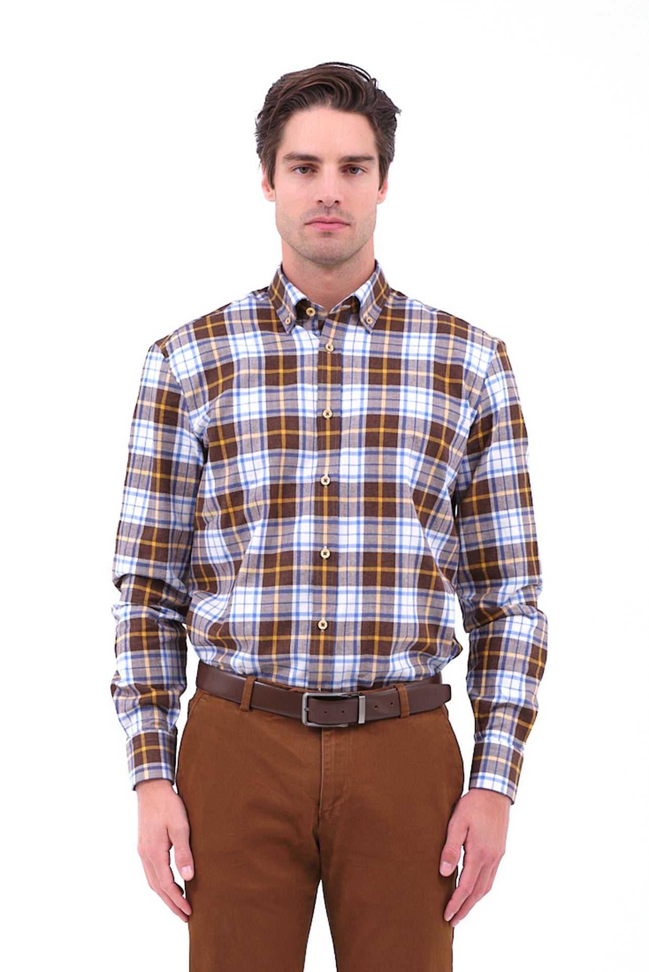 ΑΝΔΡΙΚΟ ΠΟΥΚΑΜΙΣΟ ΚΑΡΟ ΚΑΦΕ ΜΠΛΕ ΚΙΤΡΙΝΟ PORTOBELLO'S ΜΕ BUTTON DOWN ΓΙΑΚΑ