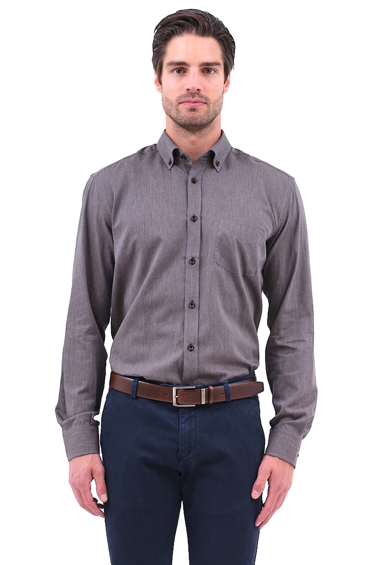 ΑΝΔΡΙΚΟ ΠΟΥΚΑΜΙΣΟ PORTOBELLO'S ΣΚΟΥΡΟ ΓΚΡΙ ΜΕ ΚΑΦΕ ΚΟΥΜΠΙΑ ΚΑΙ BUTTON DOWN ΓΙΑΚΑ