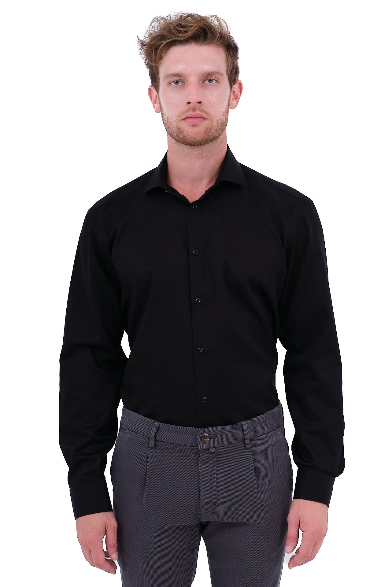 ΑΝΔΡΙΚΟ ΠΟΥΚΑΜΙΣΟ ΜΑΥΡΟ ΜΟΝΟΧΡΩΜΟ PORTOBELLO'S ΜΕ REX ΓΙΑΚΑ REGULAR FIT