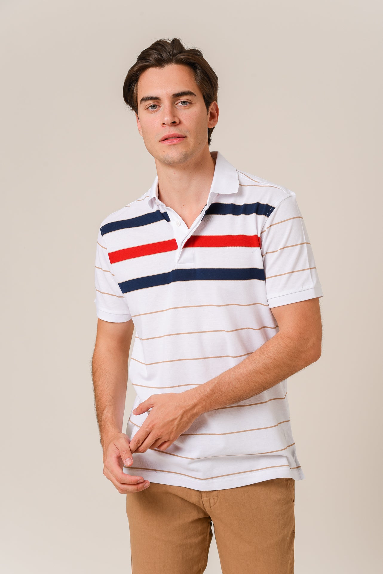 ΑΝΔΡΙΚΟ POLO PORTOBELLO'S ΛΕΥΚΟ ΜΕ ΚΟΚΚΙΝΕΣ ΜΠΕΖ ΚΑΙ ΜΠΛΕ ΡΙΓΕΣ