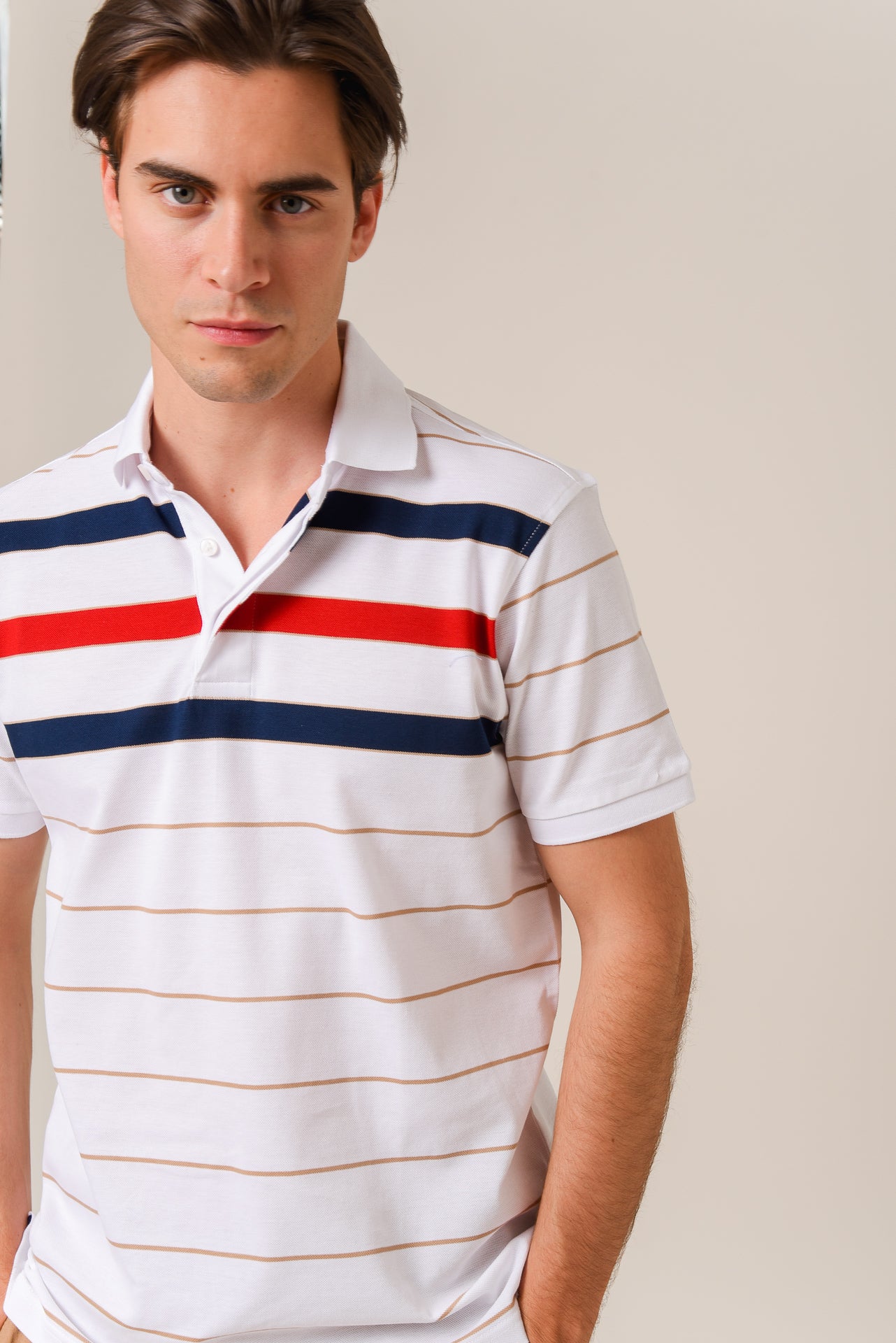 ΑΝΔΡΙΚΟ POLO PORTOBELLO'S ΛΕΥΚΟ ΜΕ ΚΟΚΚΙΝΕΣ ΜΠΕΖ ΚΑΙ ΜΠΛΕ ΡΙΓΕΣ