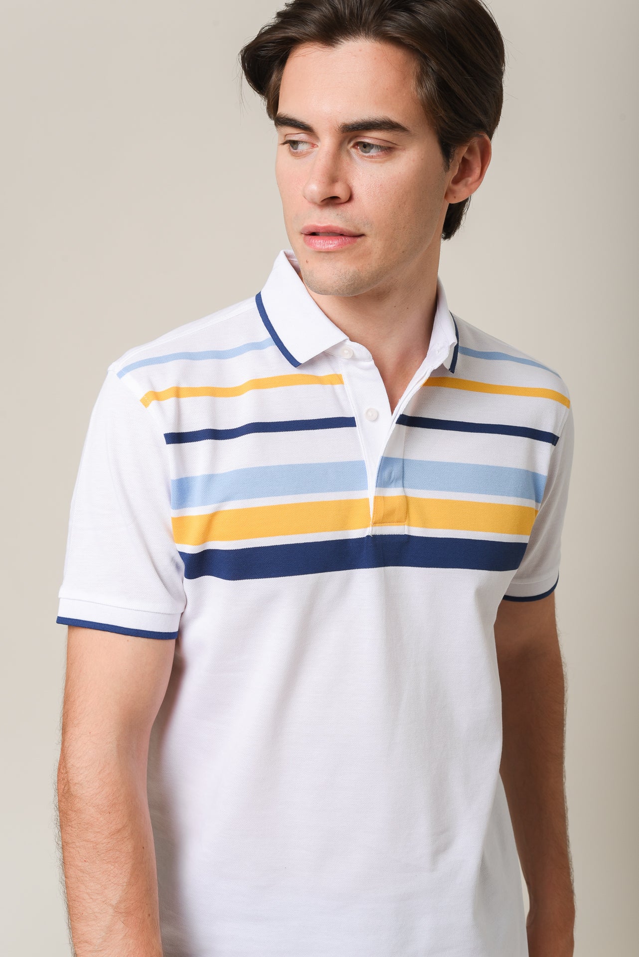 ΑΝΔΡΙΚΟ POLO PORTOBELLO'S ΛΕΥΚΟ ΜΕ ΣΙΕΛ ΚΙΤΡΙΝΕΣ ΚΑΙ ΜΠΛΕ ΡΙΓΕΣ ΣΤΟ ΣΤΗΘΟΣ