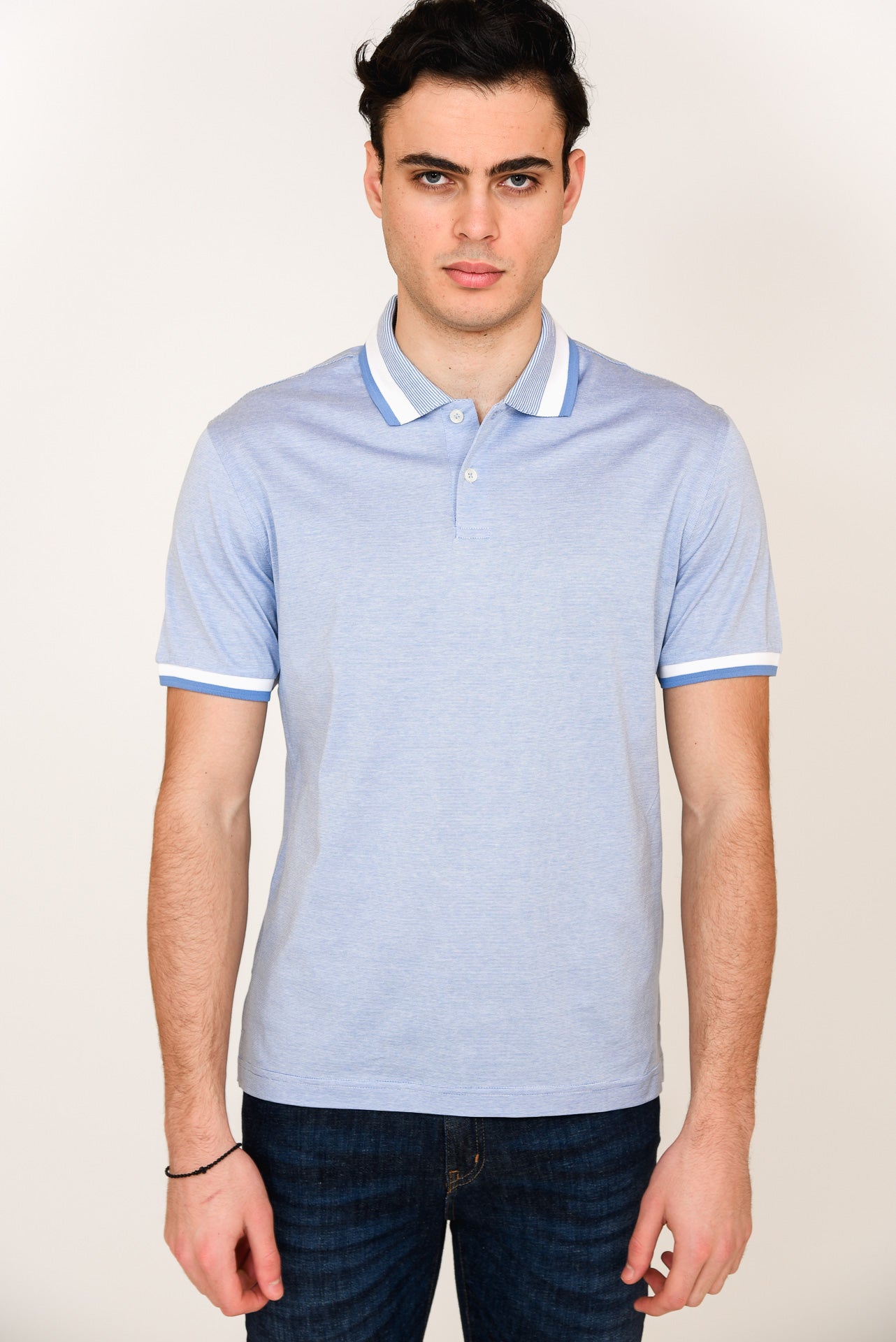 ΑΝΔΡΙΚΟ POLO PORTOBELLO'S ΣΙΕΛ ΜΕ ΛΕΥΚΗ ΛΕΠΤΟΜΕΡΕΙΑ ΣΕ ΓΙΑΚΑ ΚΑΙ ΜΑΝΙΚΙ