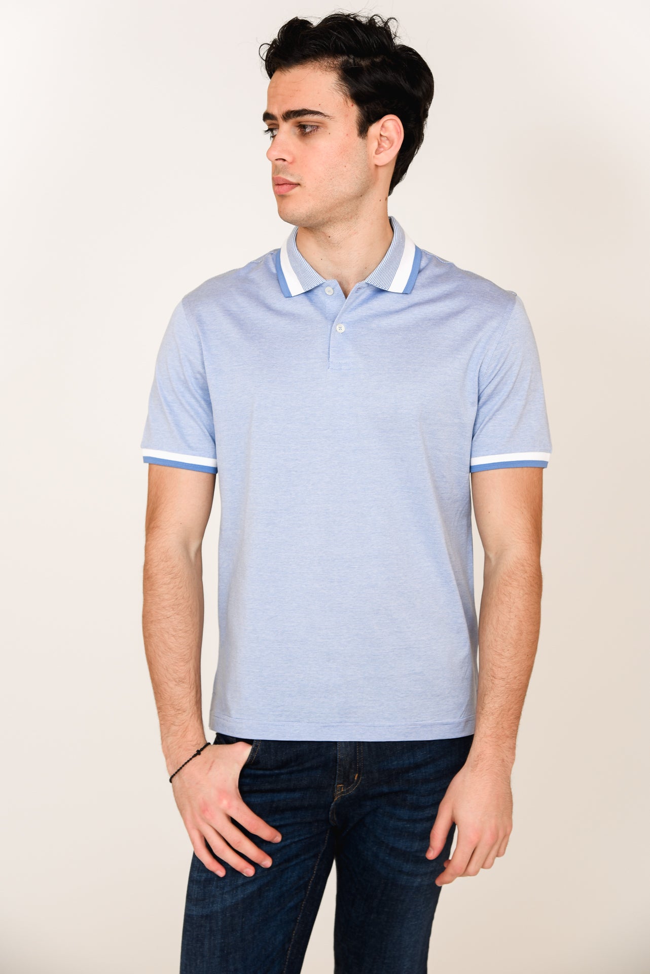 ΑΝΔΡΙΚΟ POLO PORTOBELLO'S ΣΙΕΛ ΜΕ ΛΕΥΚΗ ΛΕΠΤΟΜΕΡΕΙΑ ΣΕ ΓΙΑΚΑ ΚΑΙ ΜΑΝΙΚΙ