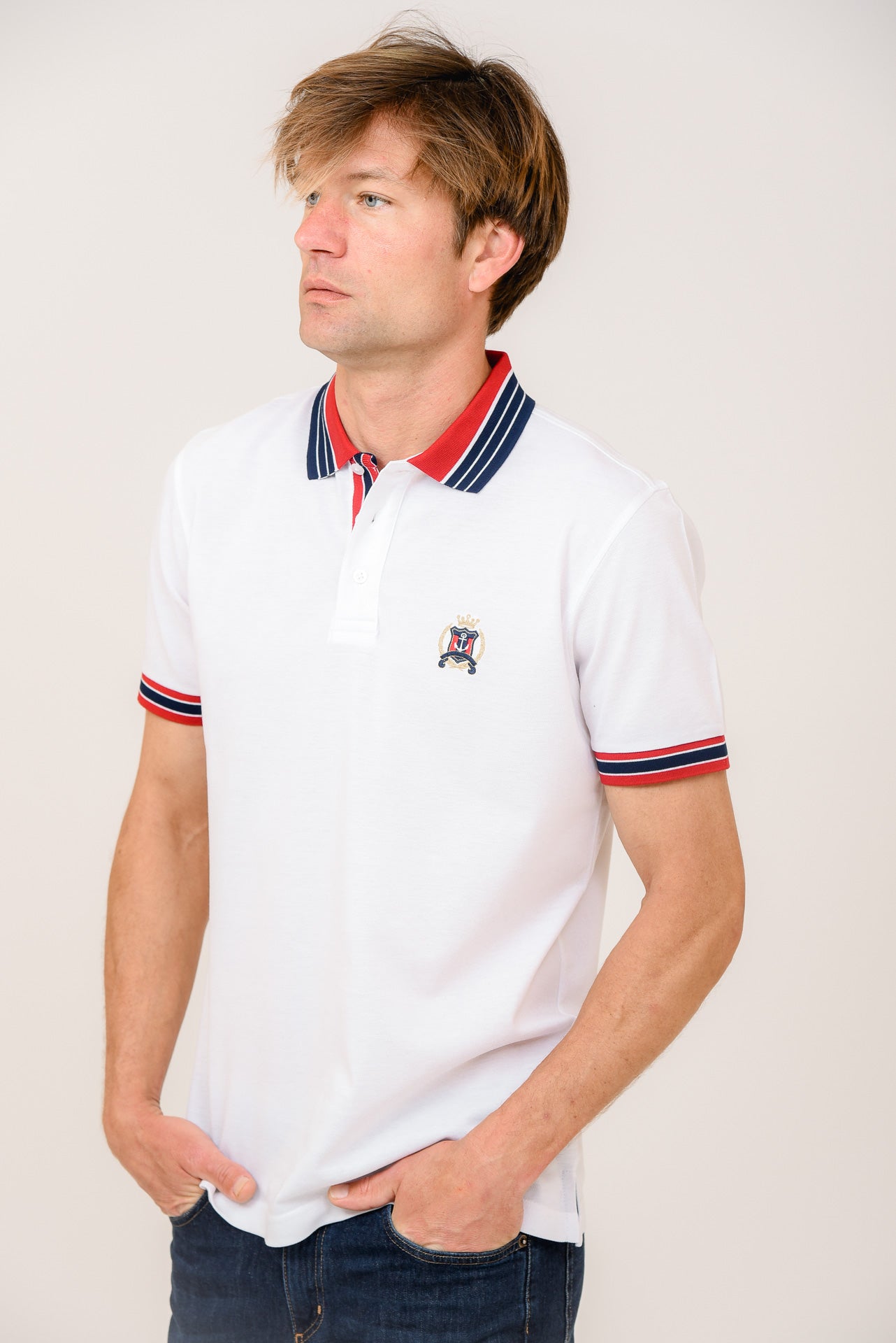 ΑΝΔΡΙΚΟ POLO PORTOBELLO'S ΛΕΥΚΟ ΜΕ ΚΟΚΚΙΝΕΣ ΚΑΙ ΜΠΛΕ ΛΕΠΤΟΜΕΡΕΙΕΣ