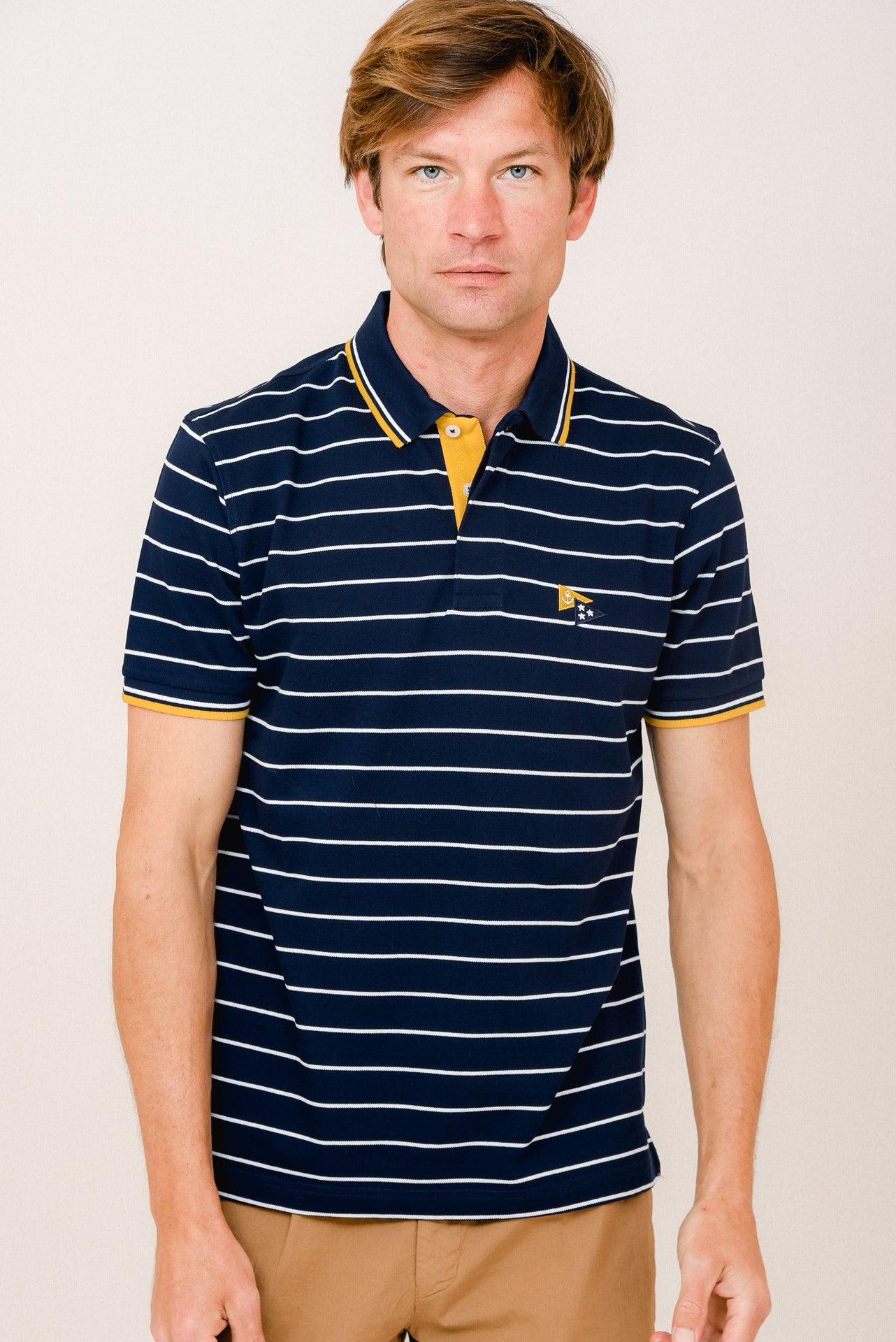 ΑΝΔΡΙΚΟ POLO PORTOBELLO'S ΜΠΛΕ ΜΕ ΛΕΥΚΕΣ ΡΙΓΕΣ ΚΑΙ ΚΙΤΡΙΝΕΣ ΛΕΠΤΟΜΕΡΕΙΕΣ