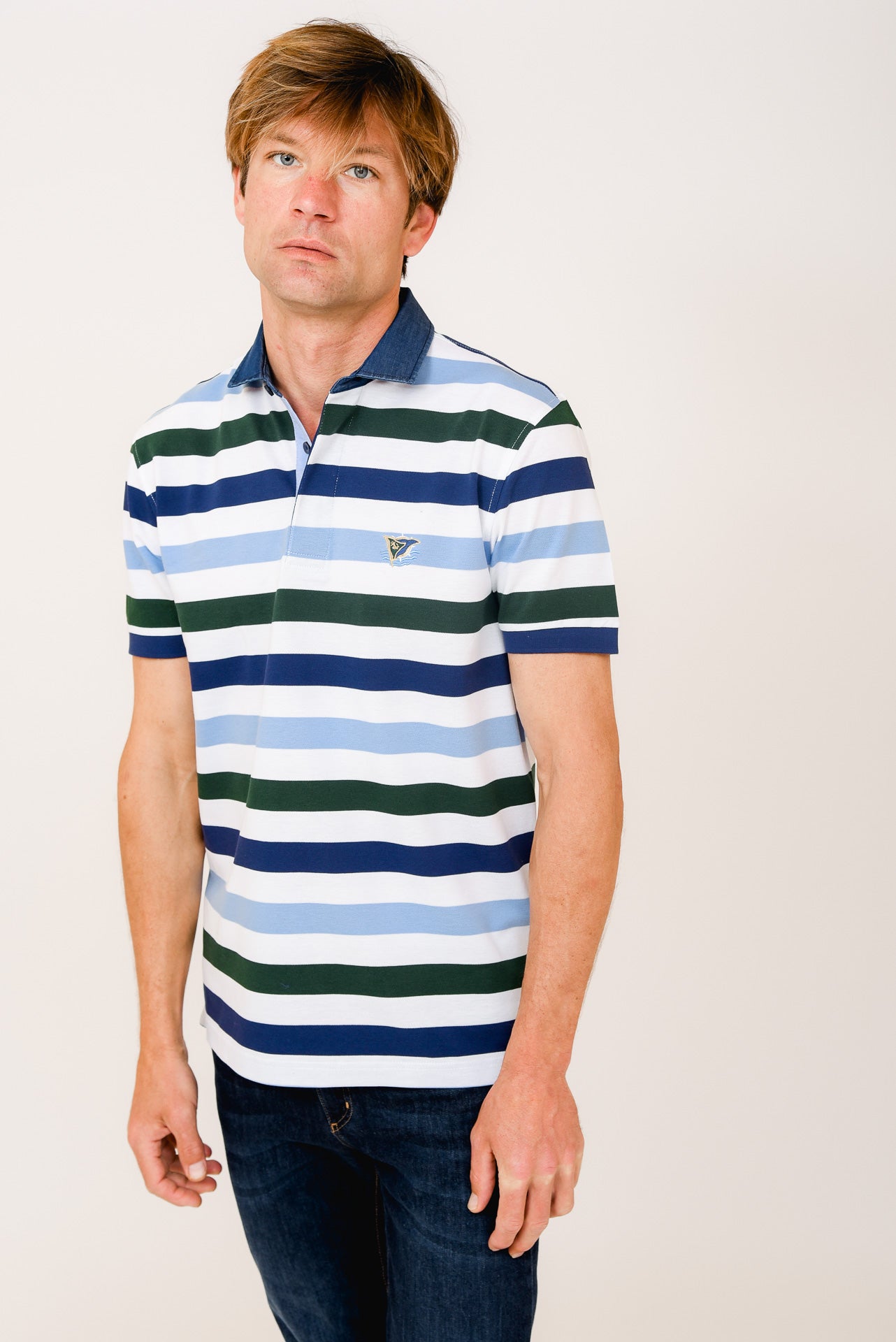 ΑΝΔΡΙΚΟ POLO PORTOBELLO'S ΜΠΛΕ ΠΡΑΣΙΝΟ ΜΕ ΛΕΥΚΕΣ ΚΑΙ ΘΑΛΑΣΣΙ ΡΙΓΕΣ