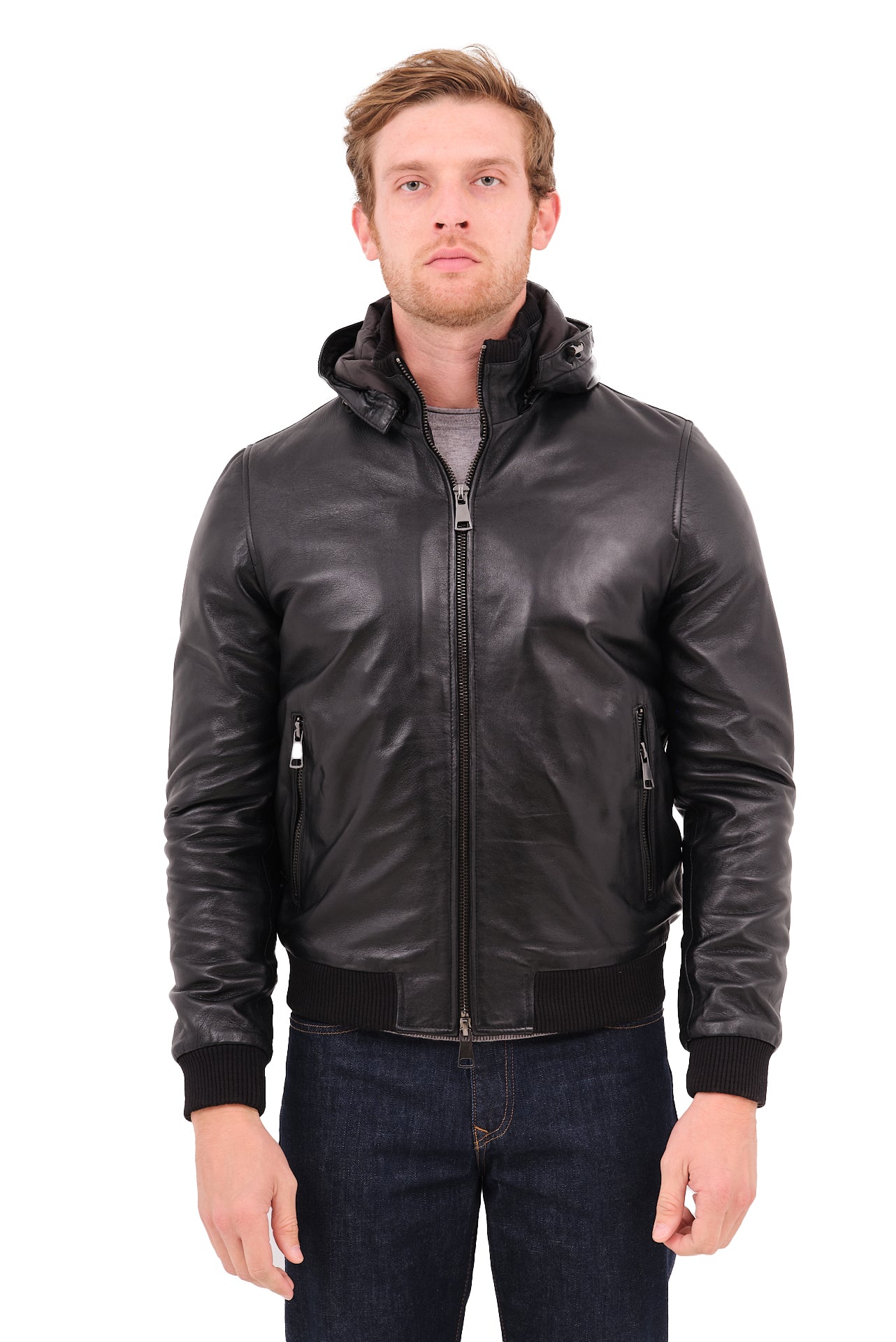 ΑΝΔΡΙΚΟ ΔΕΡΜΑΤΙΝΟ JACKET PORTOBELLO'S ΣΕ ΜΑΥΡΟ ΧΡΩΜΑ ΜΕ ΚΟΥΚΟΥΛΑ