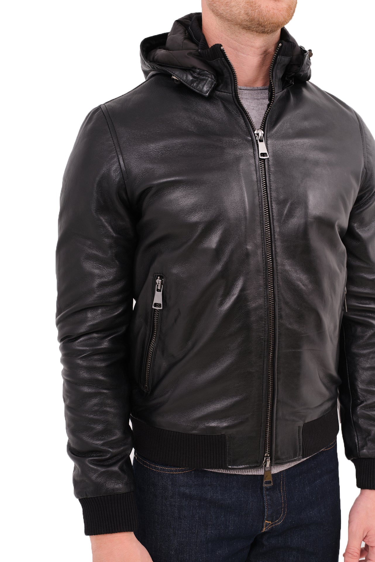 ΑΝΔΡΙΚΟ ΔΕΡΜΑΤΙΝΟ JACKET PORTOBELLO'S ΣΕ ΜΑΥΡΟ ΧΡΩΜΑ ΜΕ ΚΟΥΚΟΥΛΑ