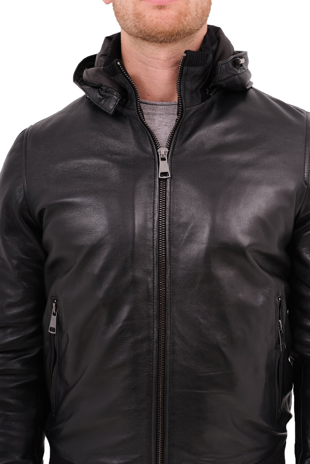 ΑΝΔΡΙΚΟ ΔΕΡΜΑΤΙΝΟ JACKET PORTOBELLO'S ΣΕ ΜΑΥΡΟ ΧΡΩΜΑ ΜΕ ΚΟΥΚΟΥΛΑ