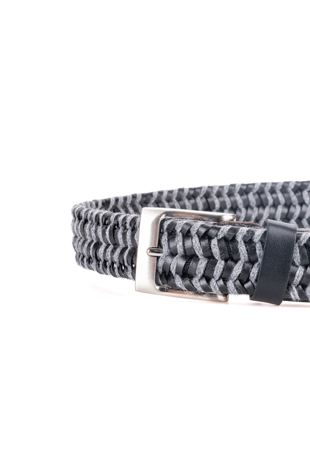 ΑΝΔΡΙΚΗ ΖΩΝΗ ΠΛΕΚΤΗ PORTOBELLO'S ΣΕ ΜΑΥΡΟ ΧΡΩΜΑ ΜΕ ΓΚΡΙ ΛΕΠΤΟΜΕΡΕΙΕΣ ΚΑΙ ΑΓΚΡΑΦΑ ΑΣΗΜΕΝΙΑ