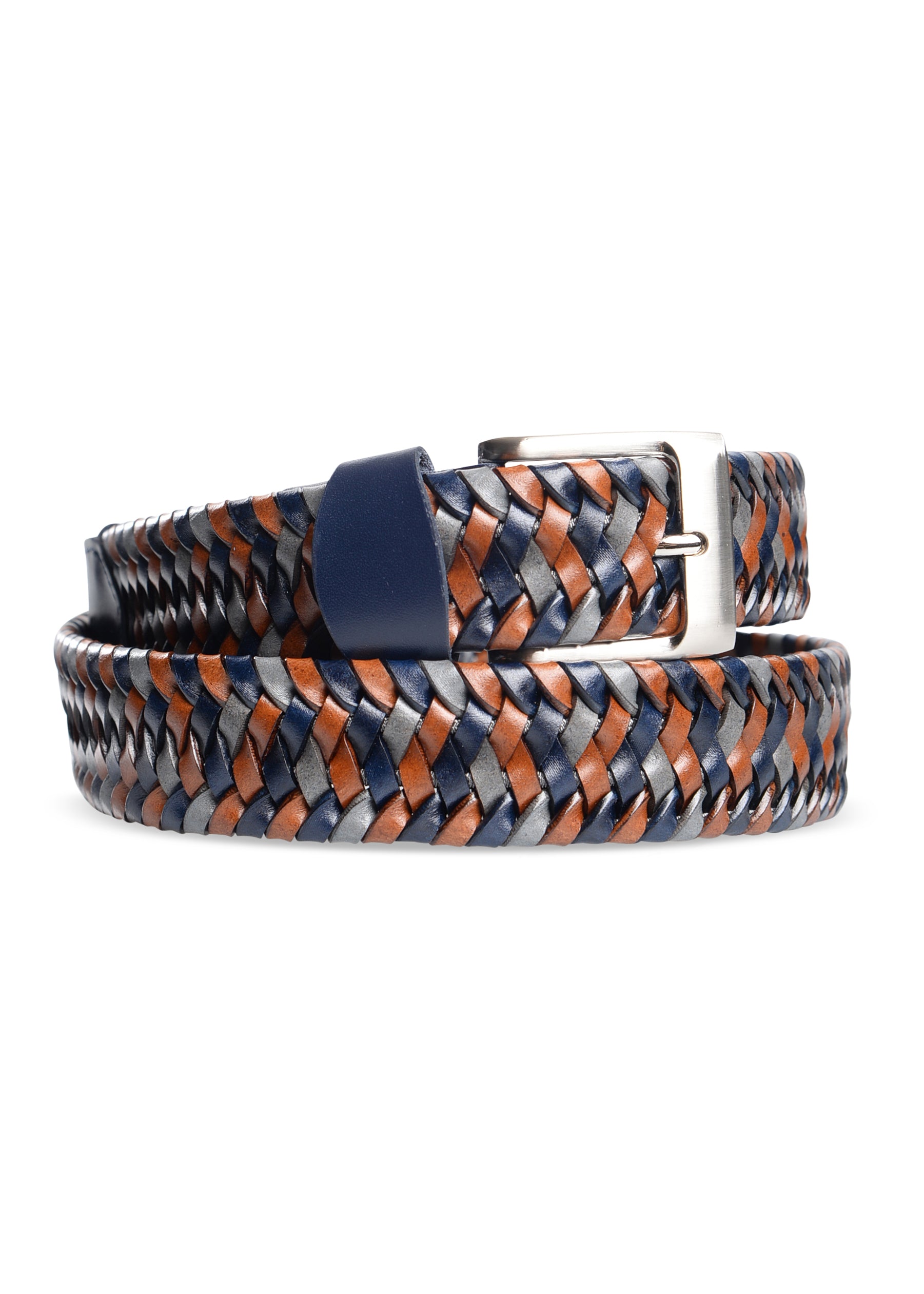 ΑΝΔΡΙΚΗ ΖΩΝΗ ΠΛΕΚΤΗ ΔΕΡΜΑΤΙΝΗ PORTOBELLO'S ΓΚΡΙ ΜΠΛΕ ΚΑΙ ΚΑΦΕ ΜΕ ΑΣΗΜΙ ΑΓΚΡΑΦΑ