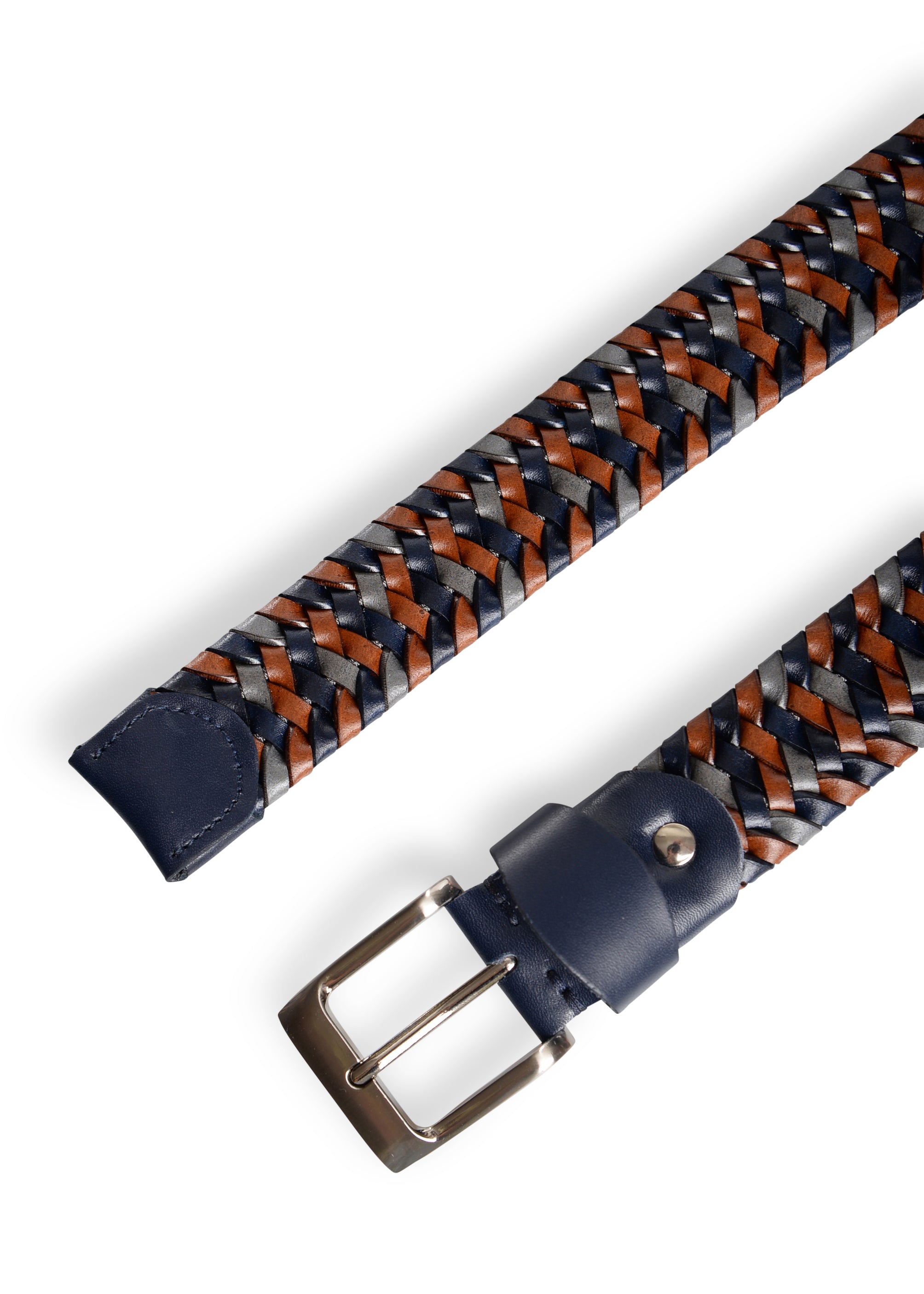 ΑΝΔΡΙΚΗ ΖΩΝΗ ΠΛΕΚΤΗ ΔΕΡΜΑΤΙΝΗ PORTOBELLO'S ΓΚΡΙ ΜΠΛΕ ΚΑΙ ΚΑΦΕ ΜΕ ΑΣΗΜΙ ΑΓΚΡΑΦΑ