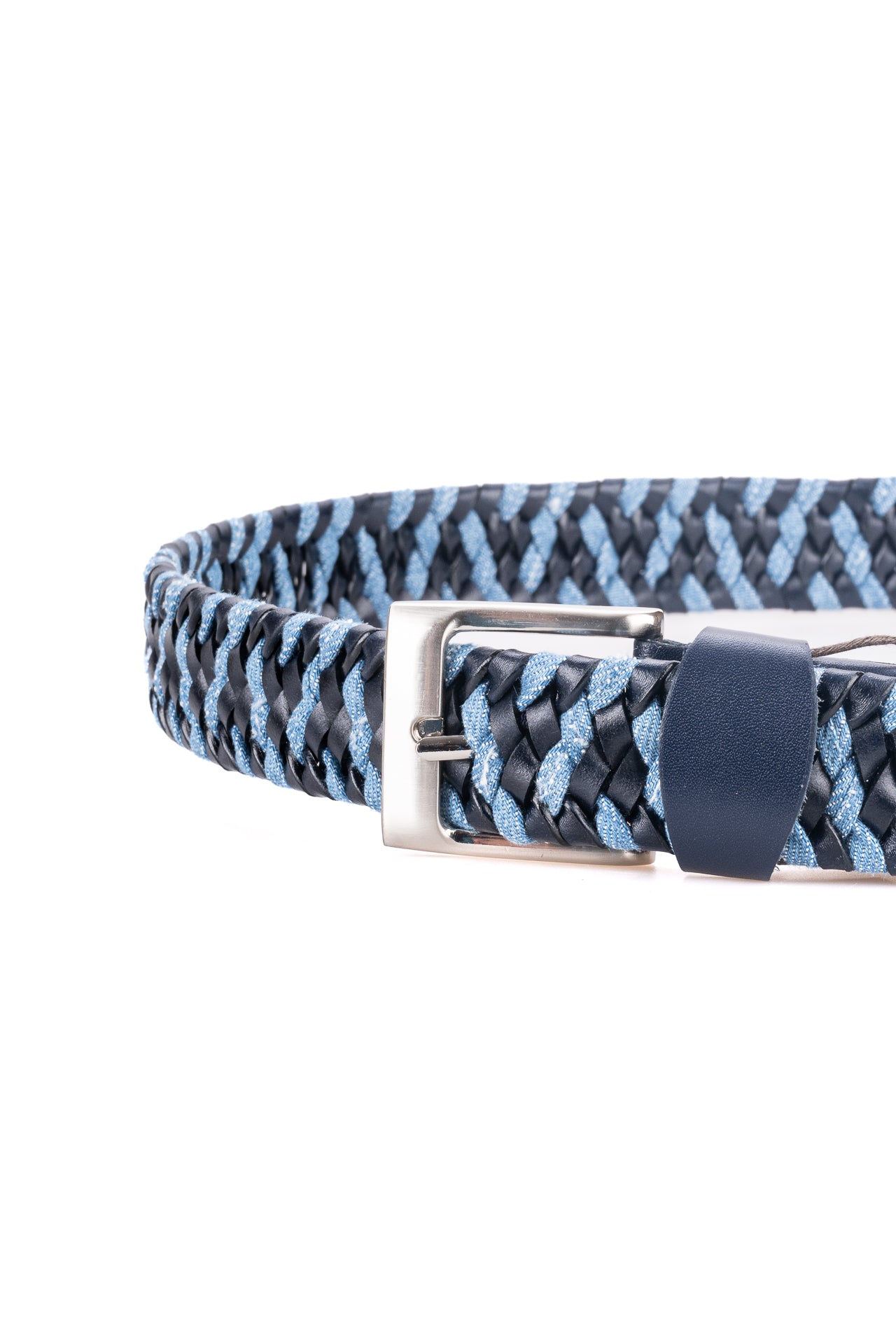 ΑΝΔΡΙΚΗ ΖΩΝΗ ΠΛΕΚΤΗ ΕΛΑΣΤΙΚΗ PORTOBELLO'S ΣΕ ΜΠΛΕ ΧΡΩΜΑ ΜΕ ΜΠΛΕ DENIM ΛΕΠΤΟΜΕΡΕΙΕΣ ΚΑΙ ΑΣΗΜΙ ΑΓΚΡΑΦΑ