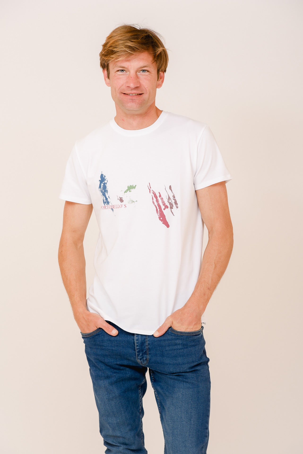 ΑΝΔΡΙΚΟ T-SHIRT PORTOBELLO'S ΛΕΥΚΟ ΜΕ ΣΤΑΜΠΑ ΜΕ ΧΡΩΜΑΤΑ