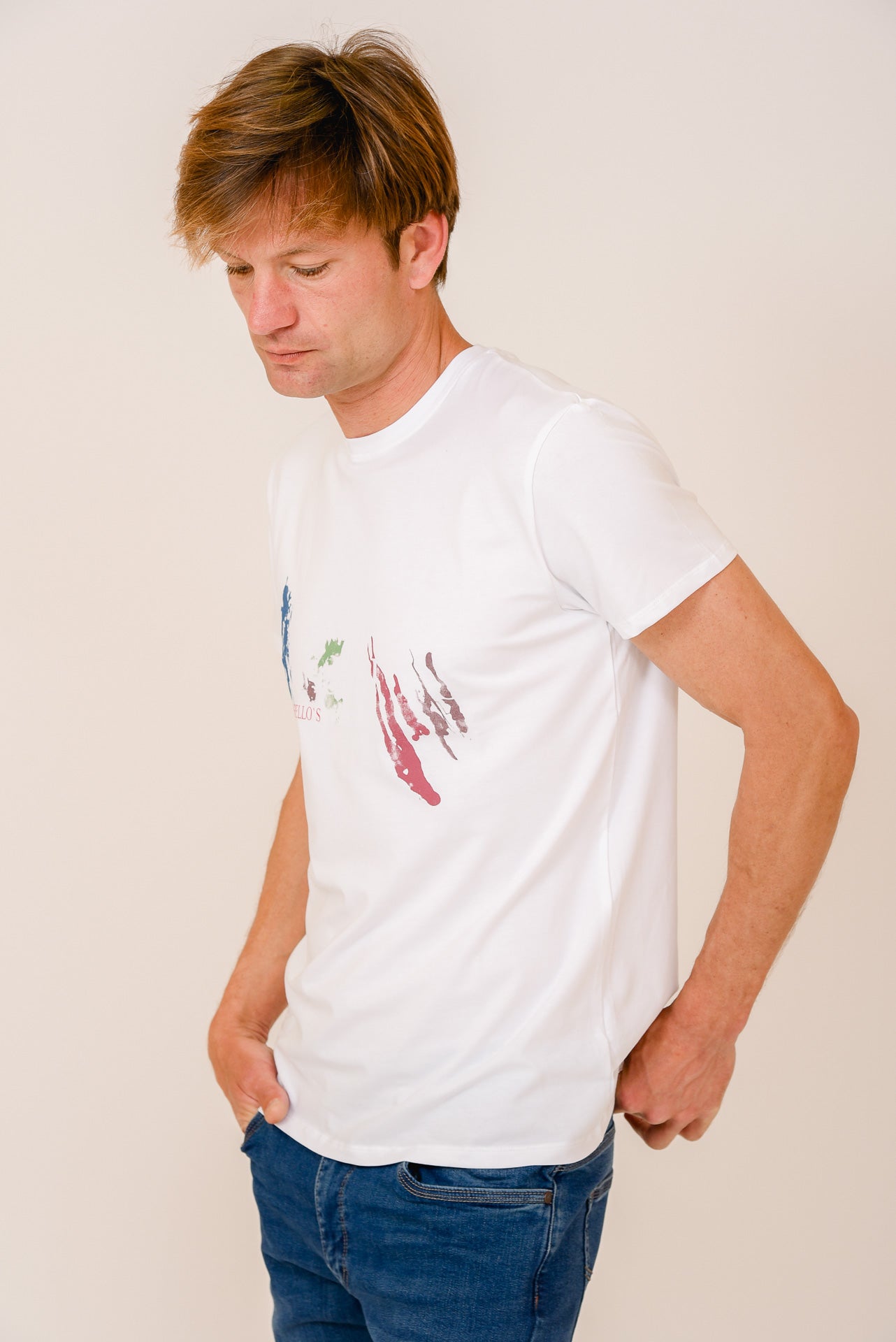 ΑΝΔΡΙΚΟ T-SHIRT PORTOBELLO'S ΛΕΥΚΟ ΜΕ ΣΤΑΜΠΑ ΜΕ ΧΡΩΜΑΤΑ