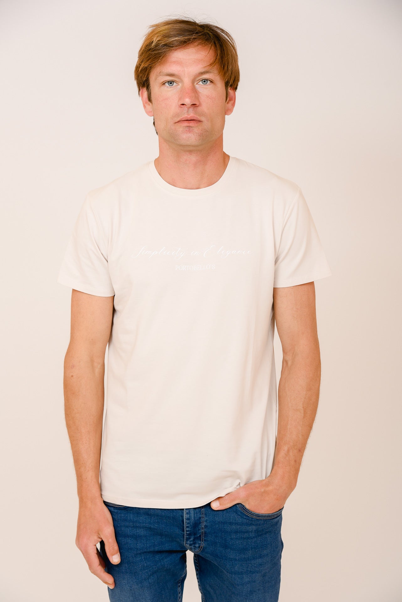 ΑΝΔΡΙΚΟ T-SHIRT PORTOBELLO'S ΓΚΡΙ ΜΠΕΖ ΜΕ ΣΤΑΜΠΑ SIMPLICITY IN ELEGANCE