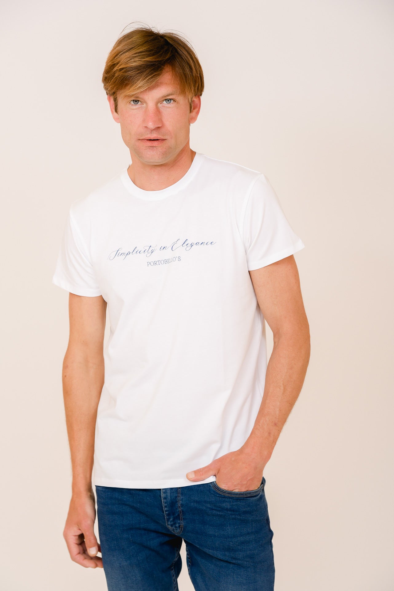 ΑΝΔΡΙΚΟ T-SHIRT PORTOBELLO'S ΛΕΥΚΟ ΜΕ ΣΤΑΜΠΑ SIMPLICITY IN ELEGANCE