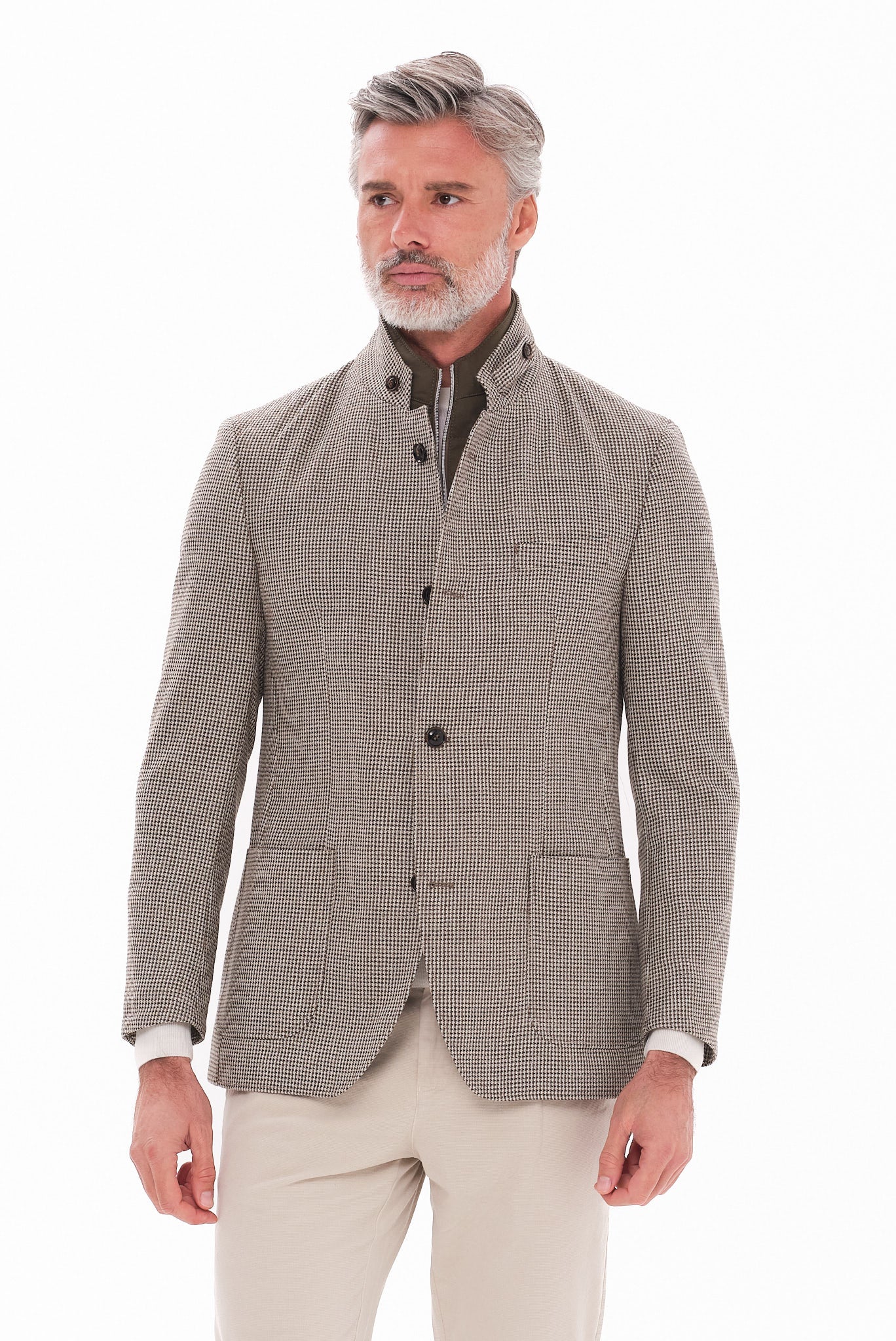 ΑΝΔΡΙΚΟ ΜΠΕΖ-ΛΑΔΙ ΣΑΚΑΚΙ PORTOBELLO'S ΜΕ ΟΡΘΙΟ ΓΙΑΚΑ ΑΠΟΣΠΩΜΕΝΗ ΜΟΣΤΡΑ ΚΑΙ ΜΙΚΡΟΣΧΕΔΙΟ HOUNDTOOTH REGULAR FIT