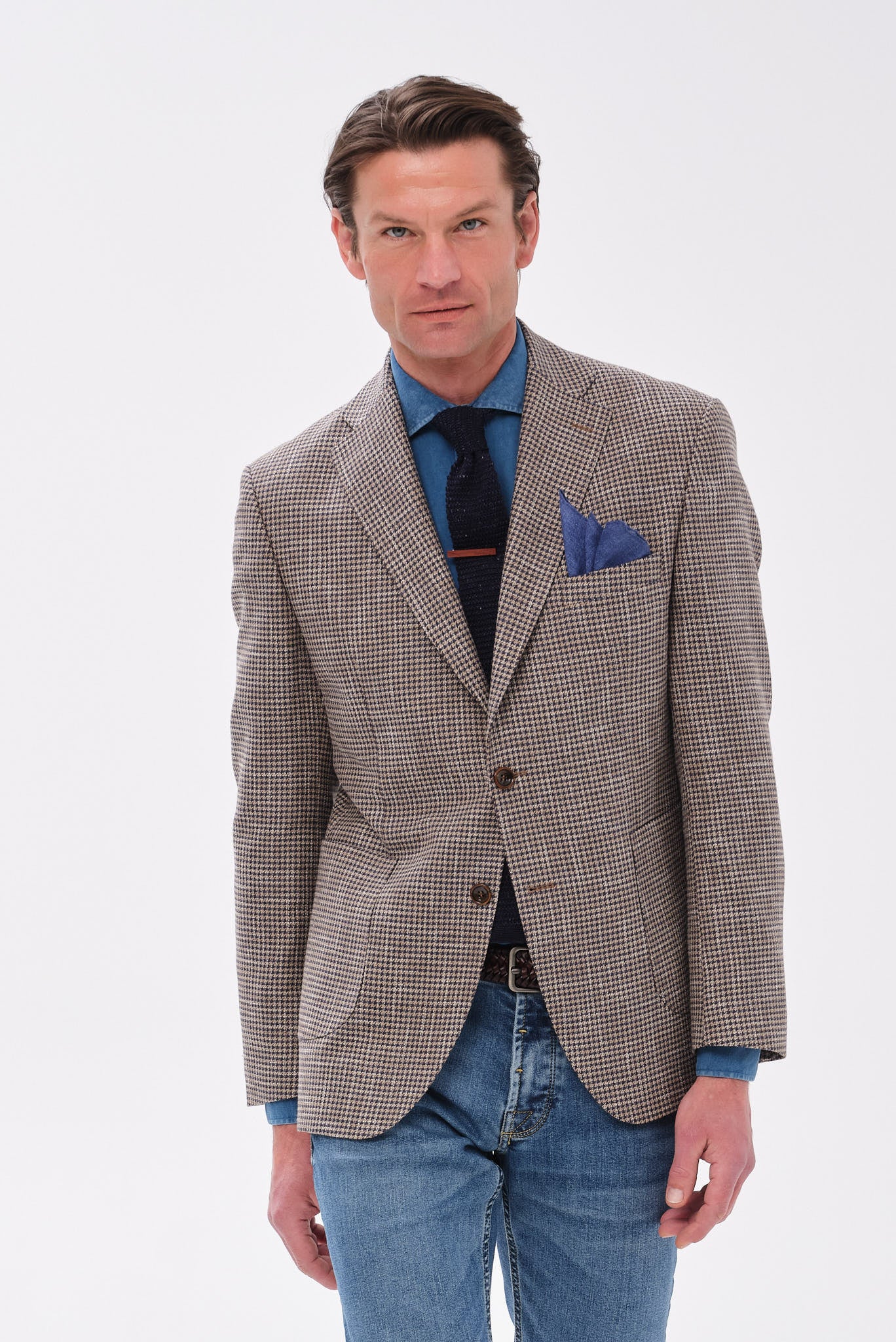 ΑΝΔΡΙΚΟ ΜΠΕΖ ΜΠΛΕ ΣΑΚΑΚΙ PORTOBELLO'S ΜΕ PIED DE POULE ΣΧΕΔΙΟ SLIM FIT ΣΕ ΥΦΑΣΜΑ GUABELLO