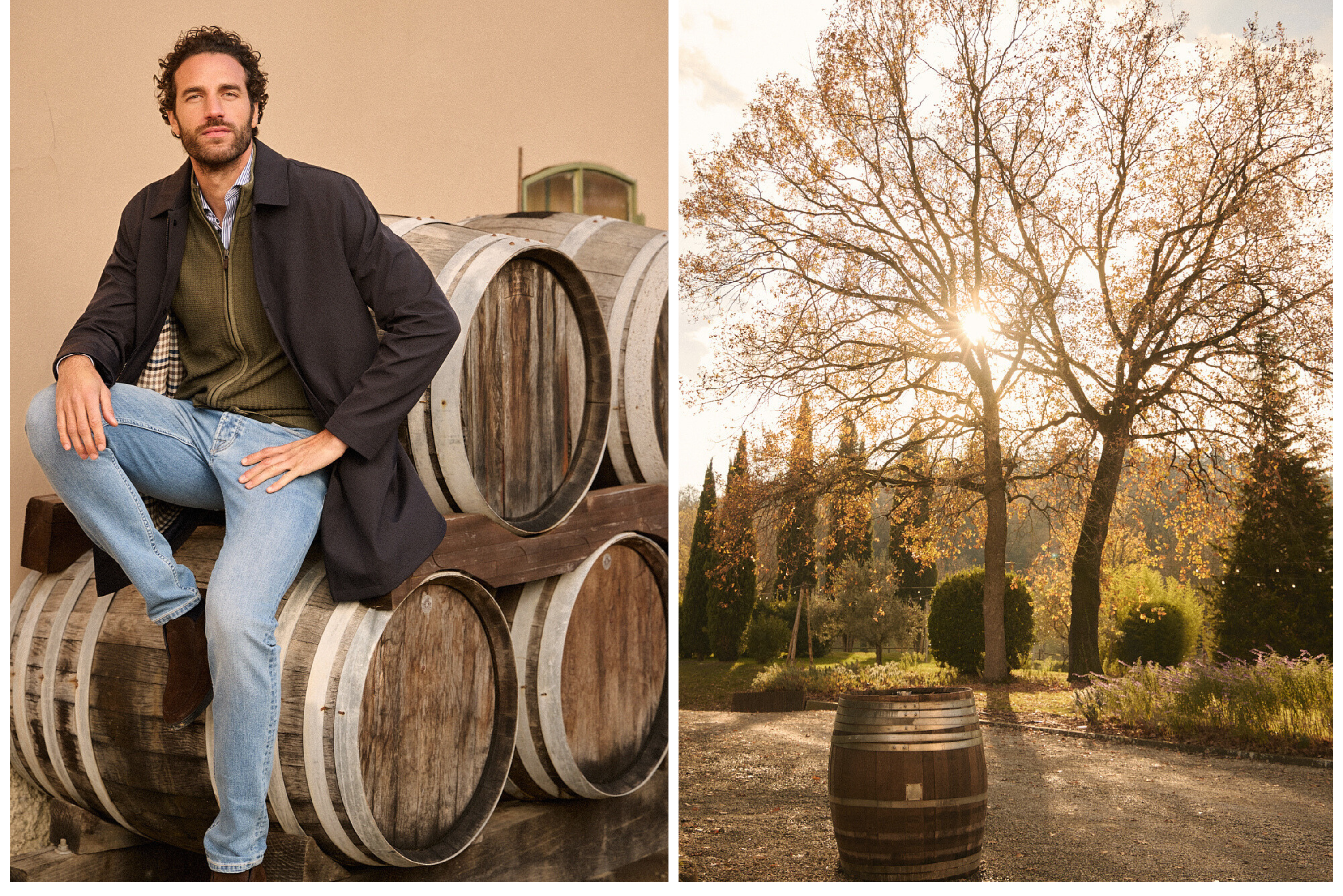 Άνδρας με παλτό Portobello’s κάθεται πάνω σε ξύλινα βαρέλια κρασιού, με φθινοπωρινό φως να διαπερνά τα δέντρα στο Roncolo.
