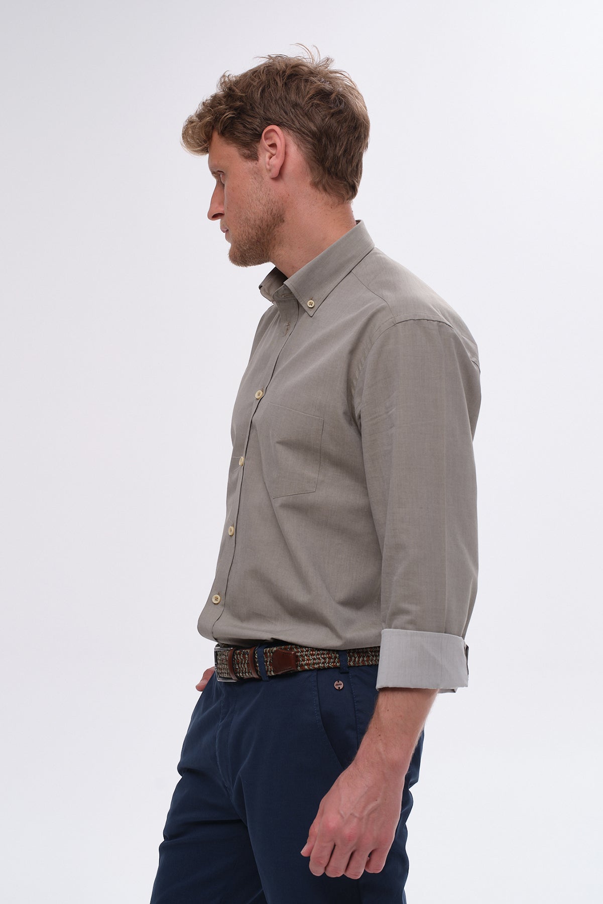 ΑΝΔΡΙΚΟ ΠΟΥΚΑΜΙΣΟ PORTOBELLO'S ΣΕ ΓΚΡΙ-ΛΑΔΙ ΧΡΩΜΑ ΜΕ BUTTON DOWN ΓΙΑΚΑ