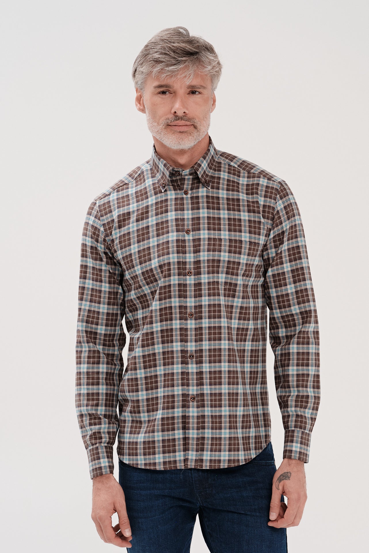 ΑΝΔΡΙΚΟ ΚΑΡΟ ΜΠΕΖ ΣΚΟΥΡΟ ΚΑΦΕ ΠΟΥΚΑΜΙΣΟ ΜΕ BUTTON DOWN ΓΙΑΚΑ PORTOBELLO'S REGULAR FIT