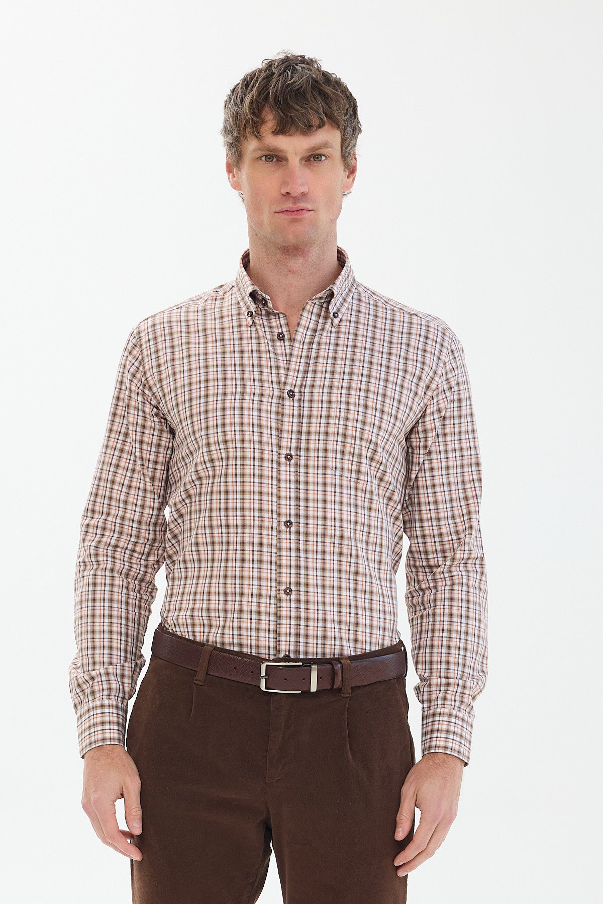 ΑΝΔΡΙΚΟ ΚΑΡΟ ΜΠΕΖ-ΠΟΡΤΟΚΑΛΙ ΠΟΥΚΑΜΙΣΟ PORTOBELLO'S REGULAR FIT ΜΕ BUTTON DOWN ΓΙΑΚΑ