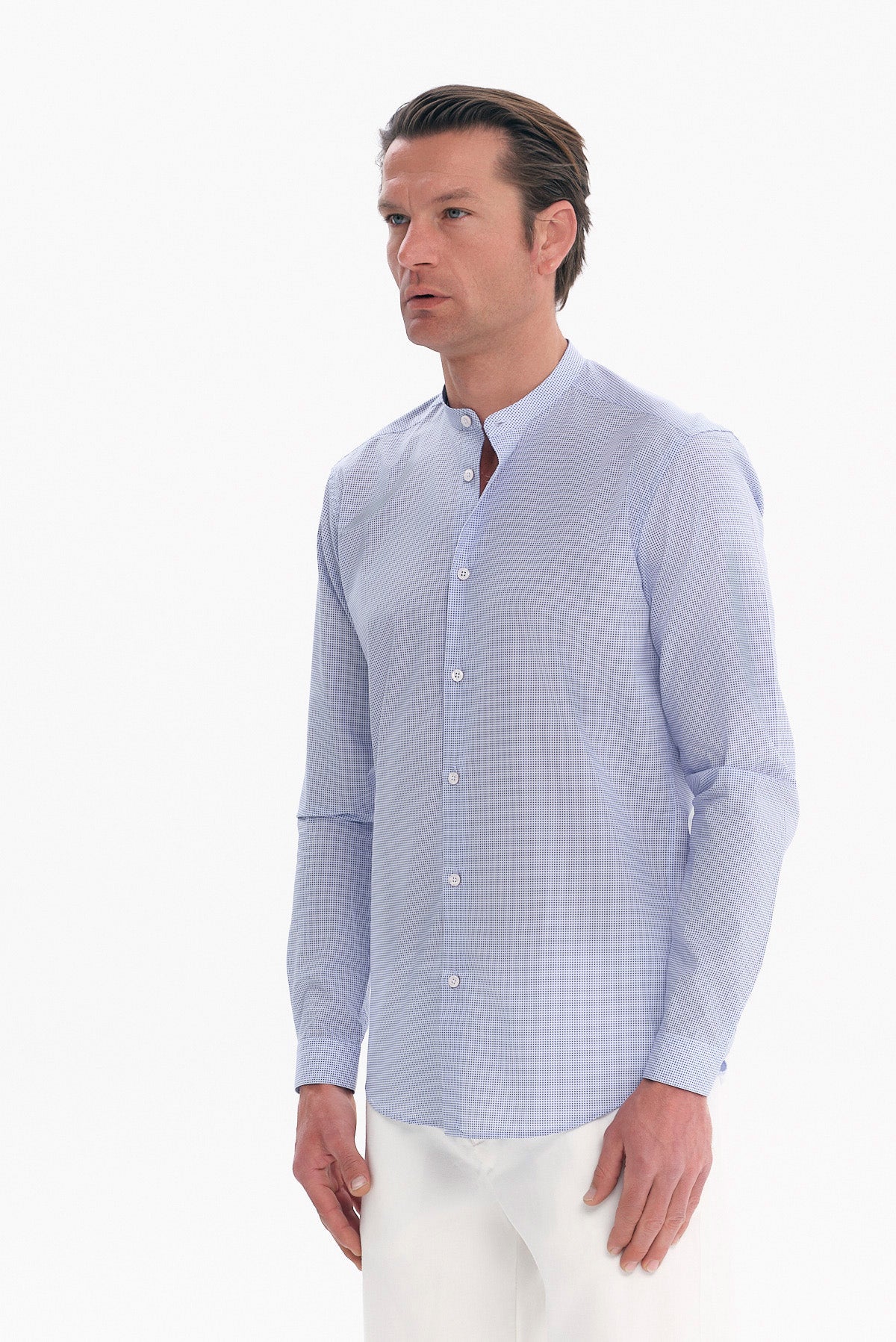 ΑΝΔΡΙΚΟ ΜΠΛΕ ΠΟΥΚΑΜΙΣΟ SLIM FIT PORTOBELLO'S ΜΕ ΜΑΟ ΓΙΑΚΑ ΚΑΙ ΜΙΚΡΟΣΧΕΔΙΟ