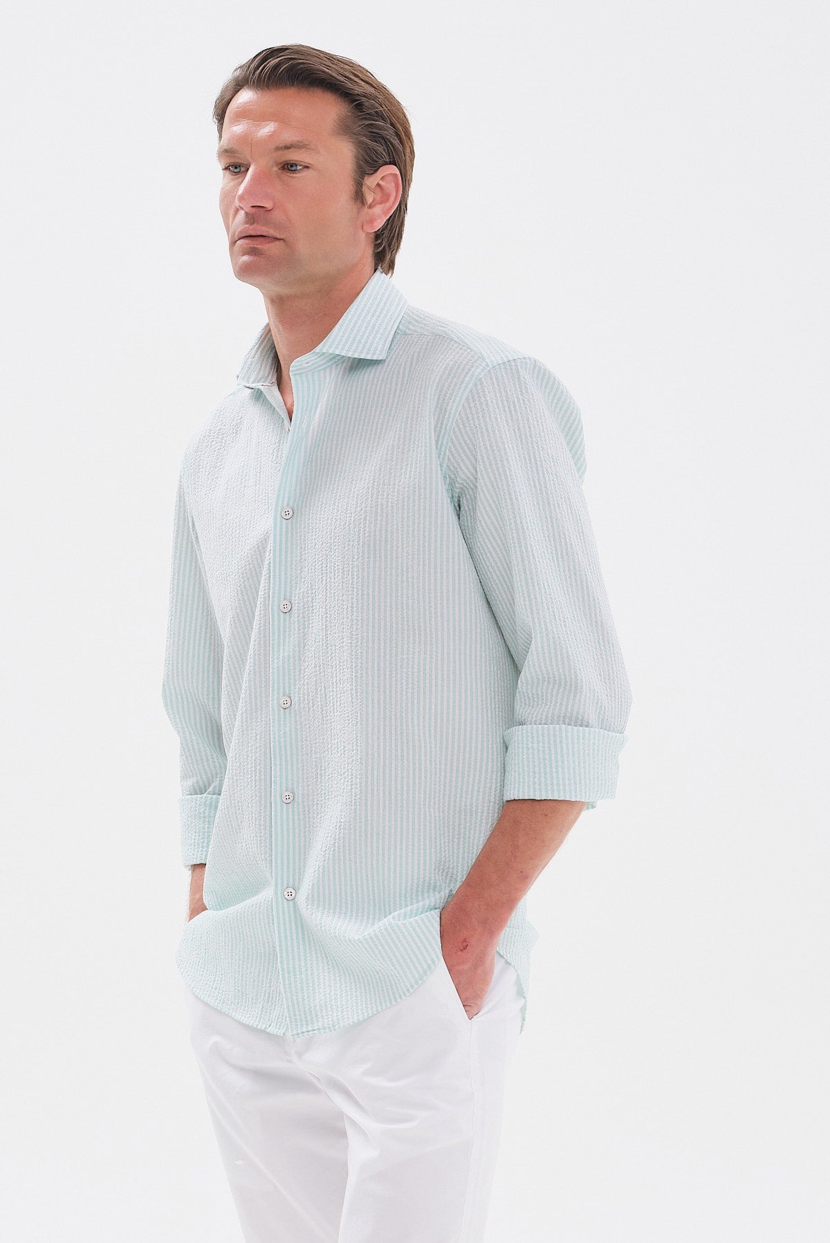 ΑΝΔΡΙΚΟ SEERSUCKER ΠΟΥΚΑΜΙΣΟ ΣΤΟ ΧΡΩΜΑΣ ΤΗΣ ΜΕΝΤΑΣ PORTOBELLO'S REGULAR FIT ΜΕ REX ΓΙΑΚΑ