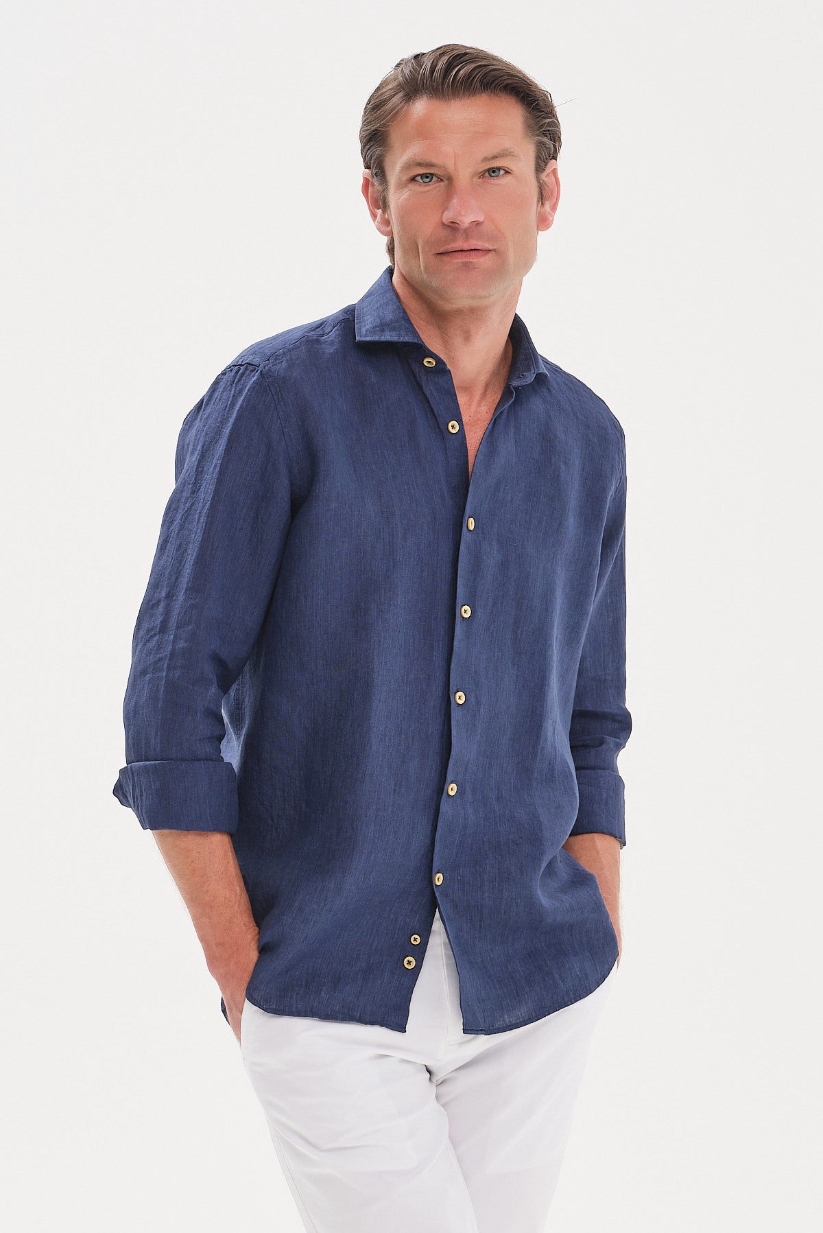 ΑΝΔΡΙΚΟ ΜΠΛΕ ΣΚΟΥΡΟ ΛΙΝΟ ΠΟΥΚΑΜΙΣΟ PORTOBELLO'S MODERN FIT ΜΕ REX ΓΙΑΚΑ