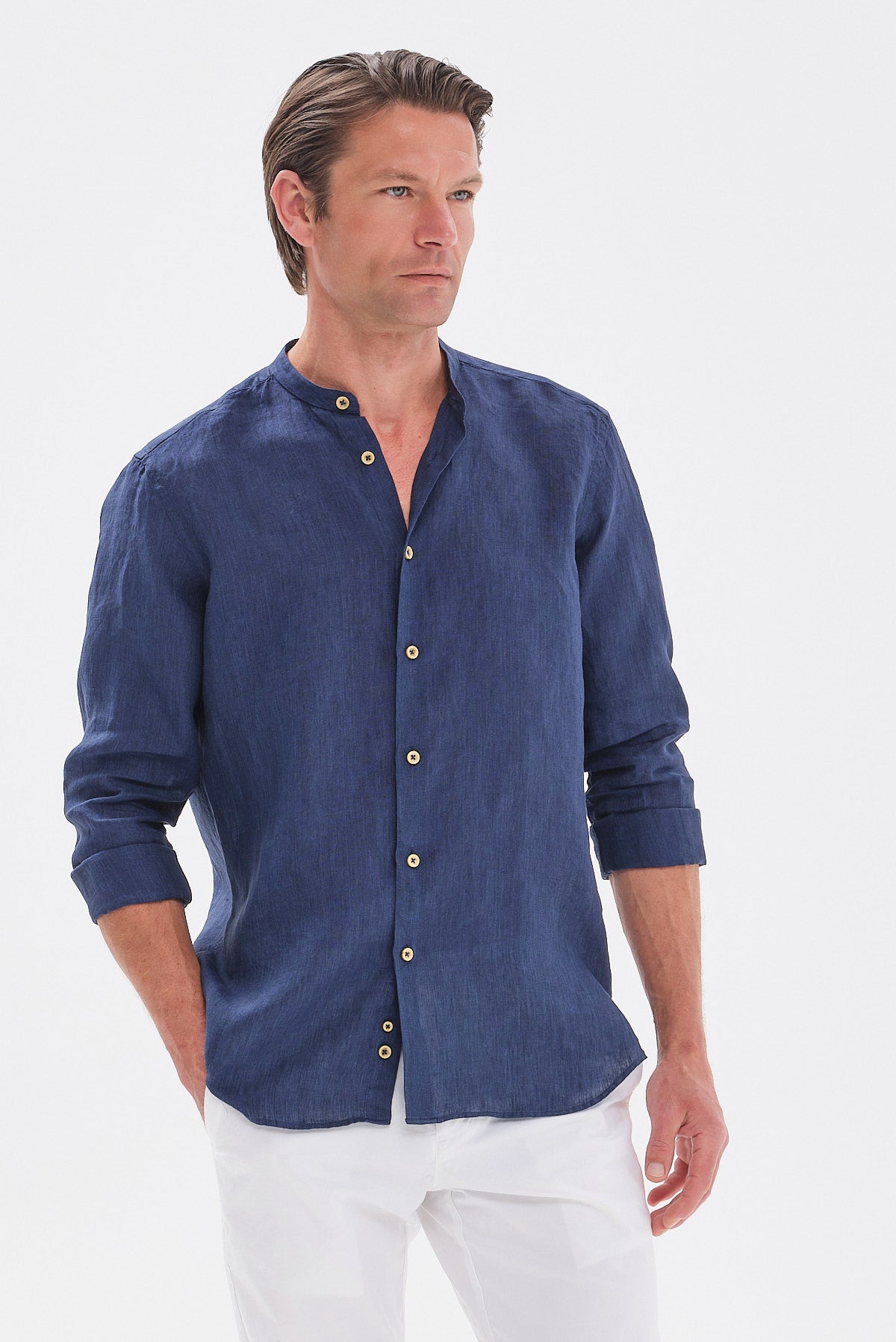 ΑΝΔΡΙΚΟ ΛΙΝΟ ΜΠΛΕ ΣΚΟΥΡΟ ΠΟΥΚΑΜΙΣΟ PORTOBELLO'S MODERN FIT ΜΕ ΜΑΟ ΓΙΑΚΑ