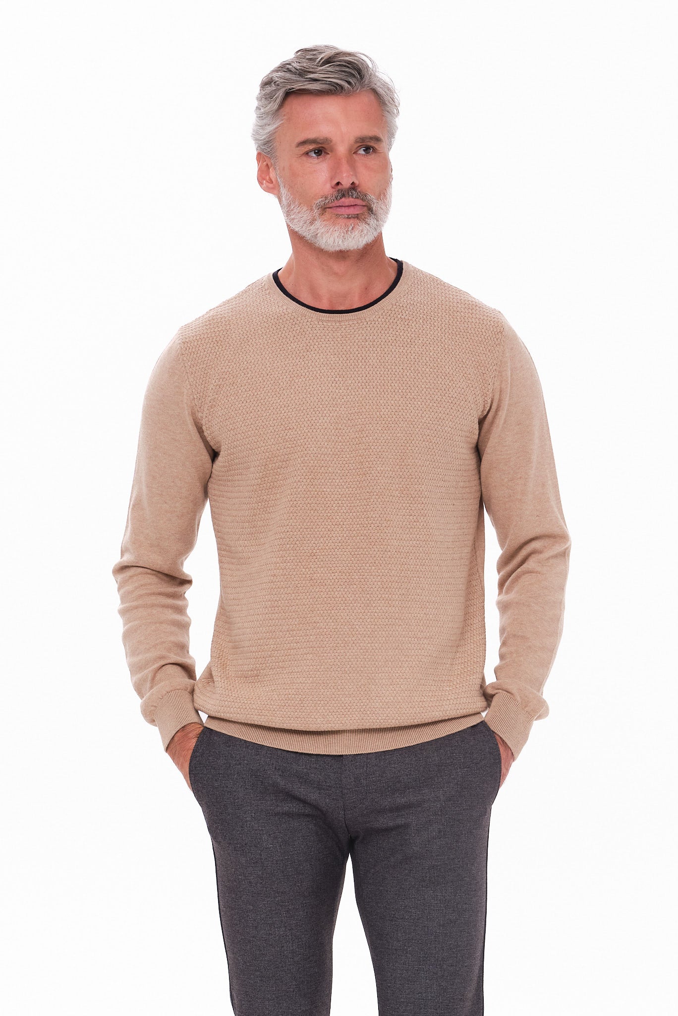 ΑΝΔΡΙΚΟ ΠΟΥΛΟΒΕΡ LES GENT'S ΜΠΕΖ ΣΚΟΥΡΟ ΜΕ ΛΑΙΜΟΚΟΨΗ ΚΑΙ ΜΙΚΡΟΣΧΕΔΙΟ REGULAR FIT