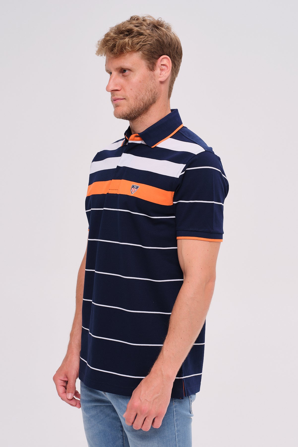 ΑΝΔΡΙΚΟ POLO ΚΟΝΤΟΜΑΝΙΚΟ ΜΠΛΕ ΠΟΡΤΟΚΑΛΙ PORTOBELLO'S ΜΕ ΚΑΘΕΤΕΣ ΡΙΓΕΣ
