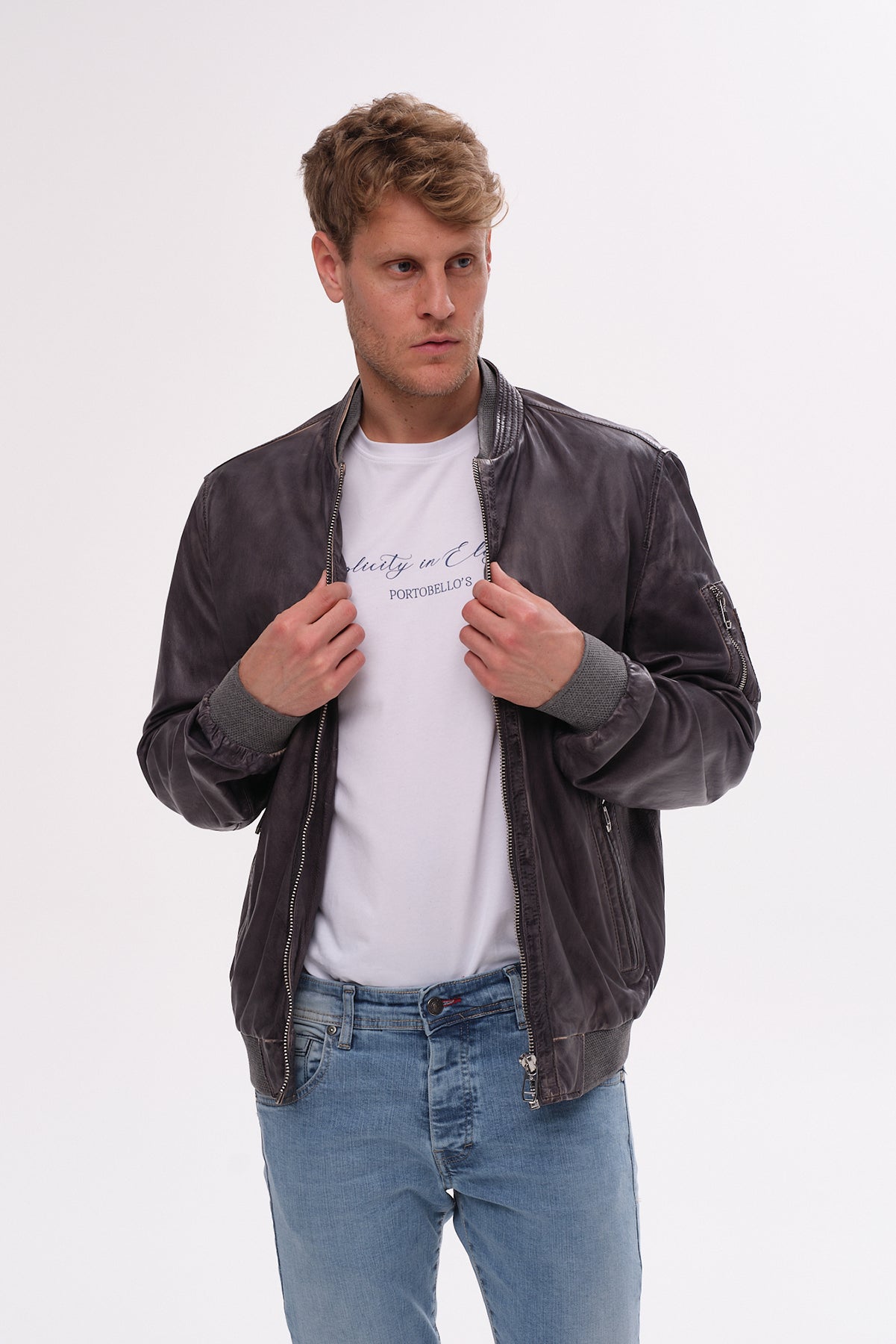 ΑΝΔΡΙΚΟ ΔΕΡΜΑΤΙΝΟ ΜΠΟΥΦΑΝ BOMBER MILESTONE ΣΕ ΓΚΡΙ ΜΠΛΕ ΧΡΩΜΑ