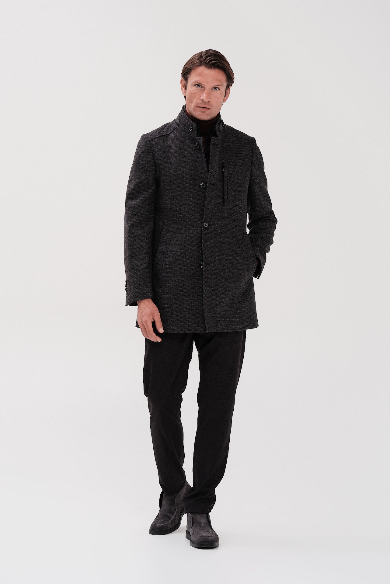 ΑΝΔΡΙΚΟ ΣΚΟΥΡΟ ΓΚΡΙ ΠΑΛΤΟ PORTOBELLO'S ΜΕ ΔΕΡΜΑΤΙΝΕΣ ΛΕΠΤΟΜΕΡΕΙΕΣ REGULAR FIT