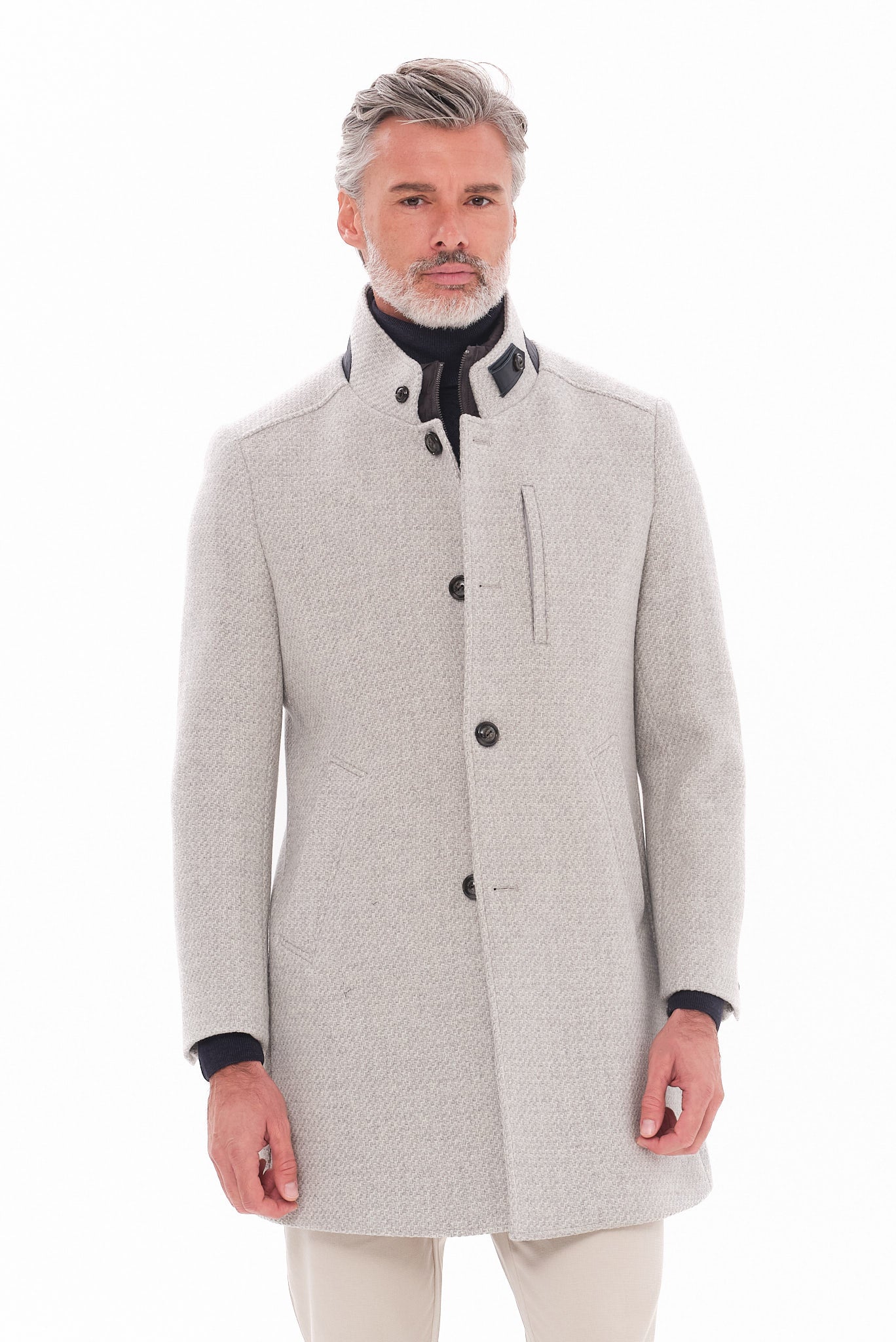 ΑΝΔΡΙΚΟ ΑΝΟΙΧΤΟ ΓΚΡΙ ΠΑΛΤΟ PORTOBELLO'S ΜΕ ΔΕΡΜΑΤΙΝΕΣ ΛΕΠΤΟΜΕΡΕΙΕΣ KAI ΜΑΟ ΓΙΑΚΑ REGULAR FIT