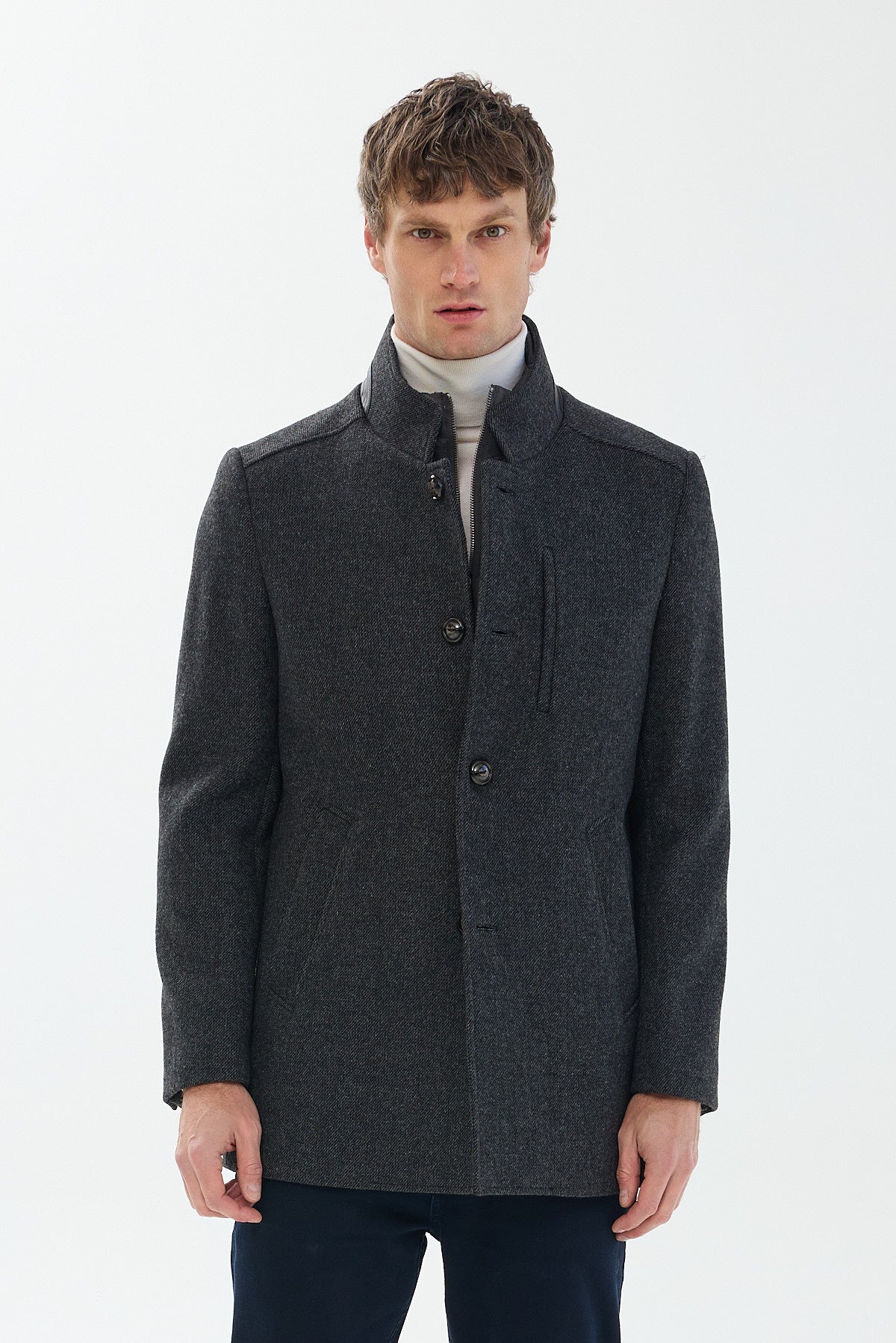 ΑΝΔΡΙΚΟ ΣΚΟΥΡΟ ΓΚΡΙ ΠΑΛΤΟ PORTOBELLO'S ΜΕ ΔΕΡΜΑΤΙΝΕΣ ΛΕΠΤΟΜΕΡΕΙΕΣ REGULAR FIT