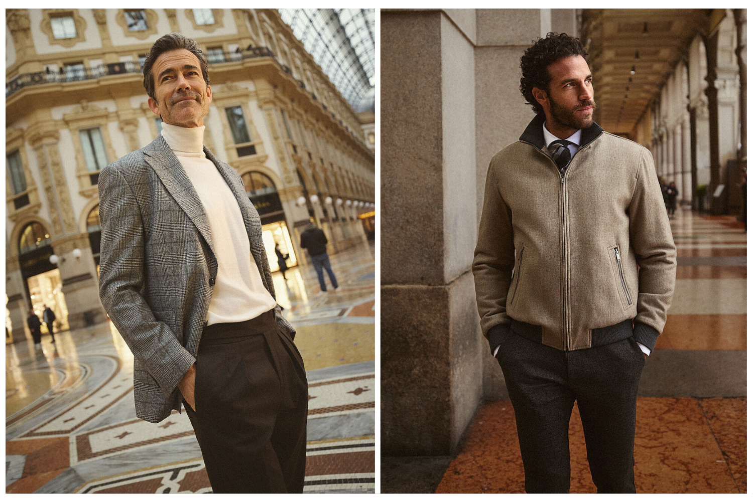 Δύο άνδρες ποζάρουν με στυλ στη Duomo-Μιλάνο. Ο πρώτος, με καρό σακάκι και ζιβάγκο Portobello's, ενώ ο δεύτερος, με jacket με φερμουάρ Portobello's, ακουμπά σε πέτρινη κολόνα.