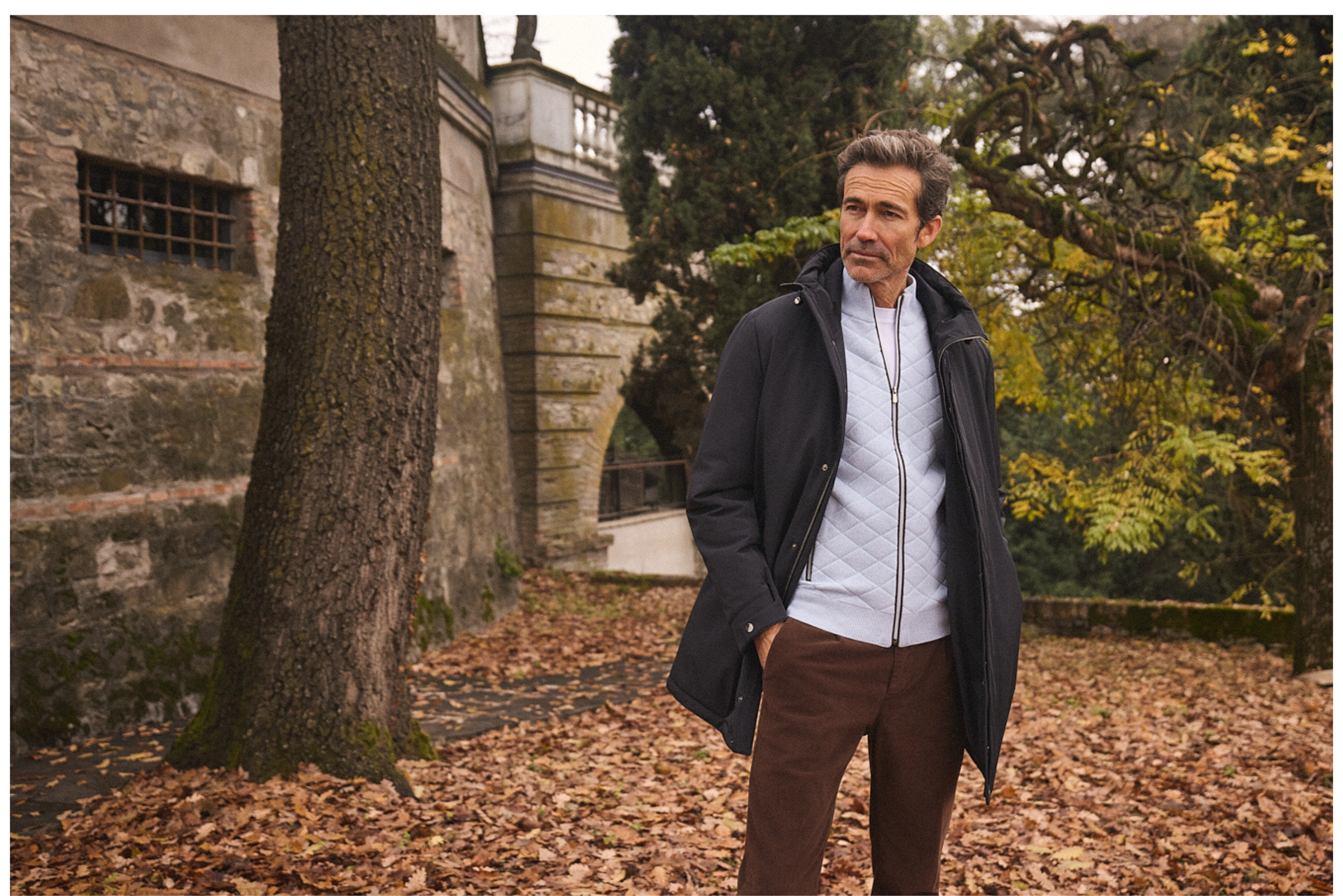 Χαλαρό look Portobello’s με γαλάζιο καπιτονέ jacket και σκούρο παντελόνι, φωτογραφημένο στο Roncolo ανάμεσα σε φθινοπωρινά φύλλα.