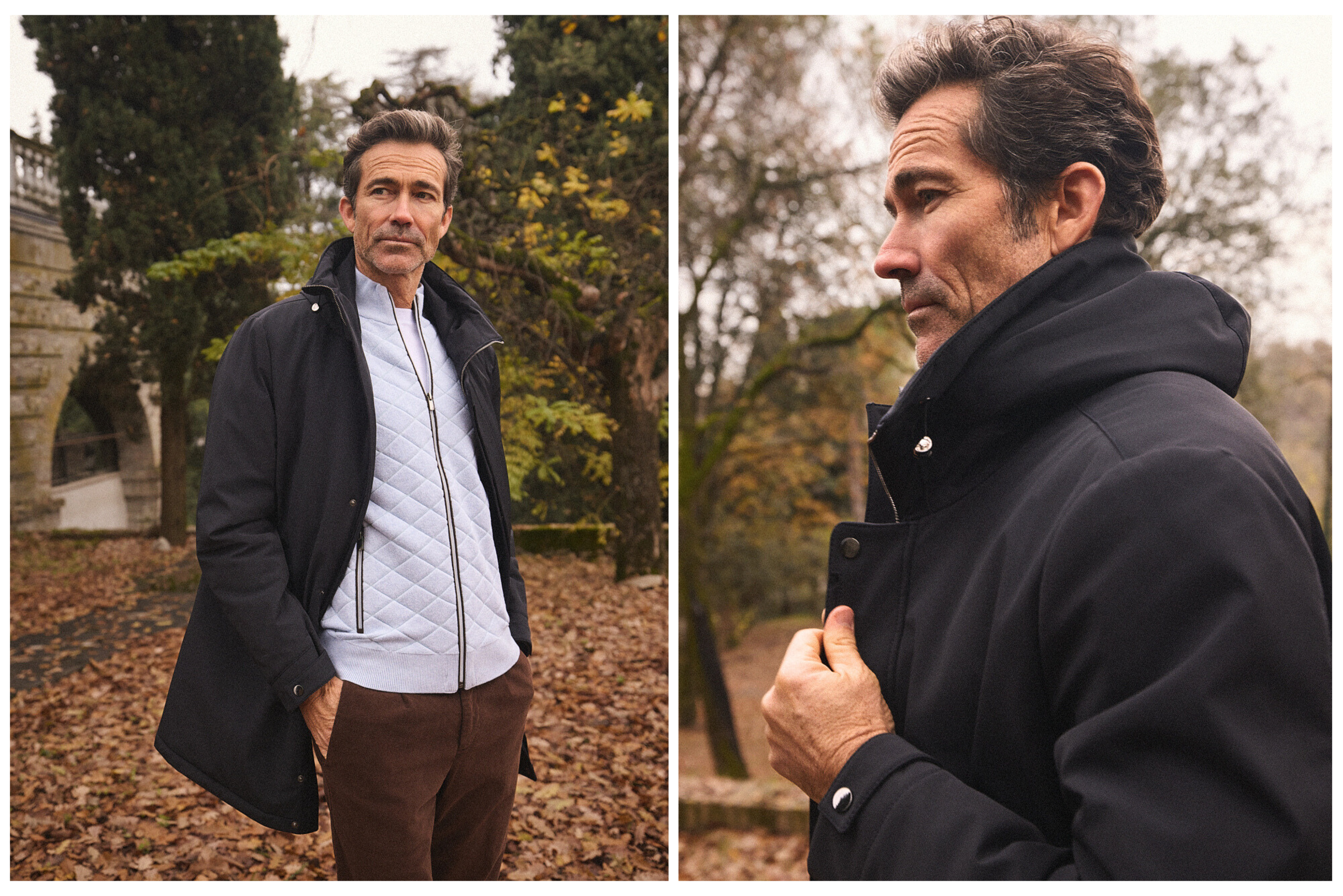 Άνδρας με μαύρο παλτό και καπιτονέ γαλάζιο jacket στέκεται στο Roncolo, ανάμεσα σε φθινοπωρινά φύλλα, στο πλαίσιο της καμπάνιας Portobello’s Fall–Winter 2026.