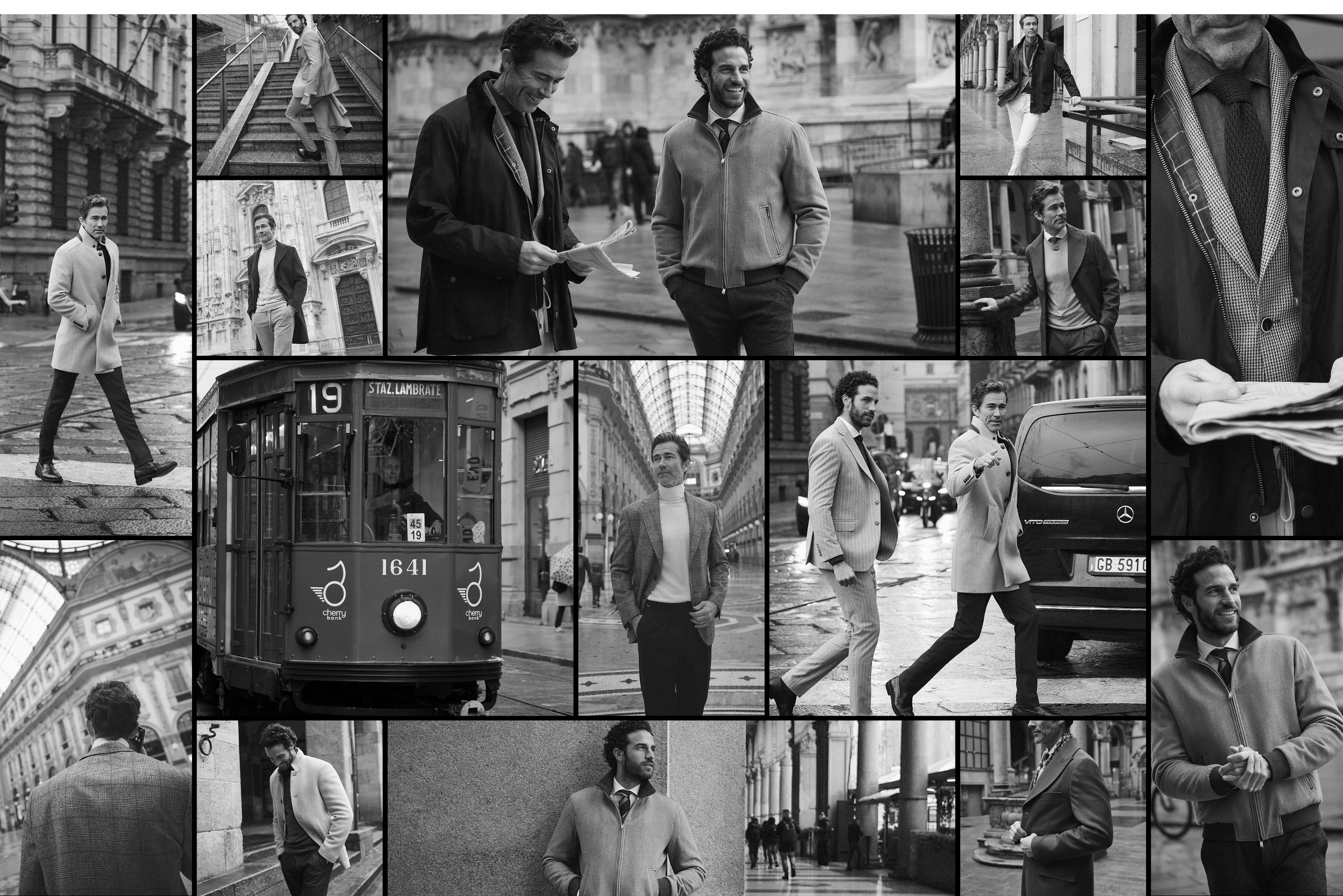 Άνδρες με κομψά ρούχα Portobello's περπατούν, στέκονται και διαβάζουν στο ιστορικό Μιλάνο για την καμπάνια Fall-Winter 2026 Portobello's.