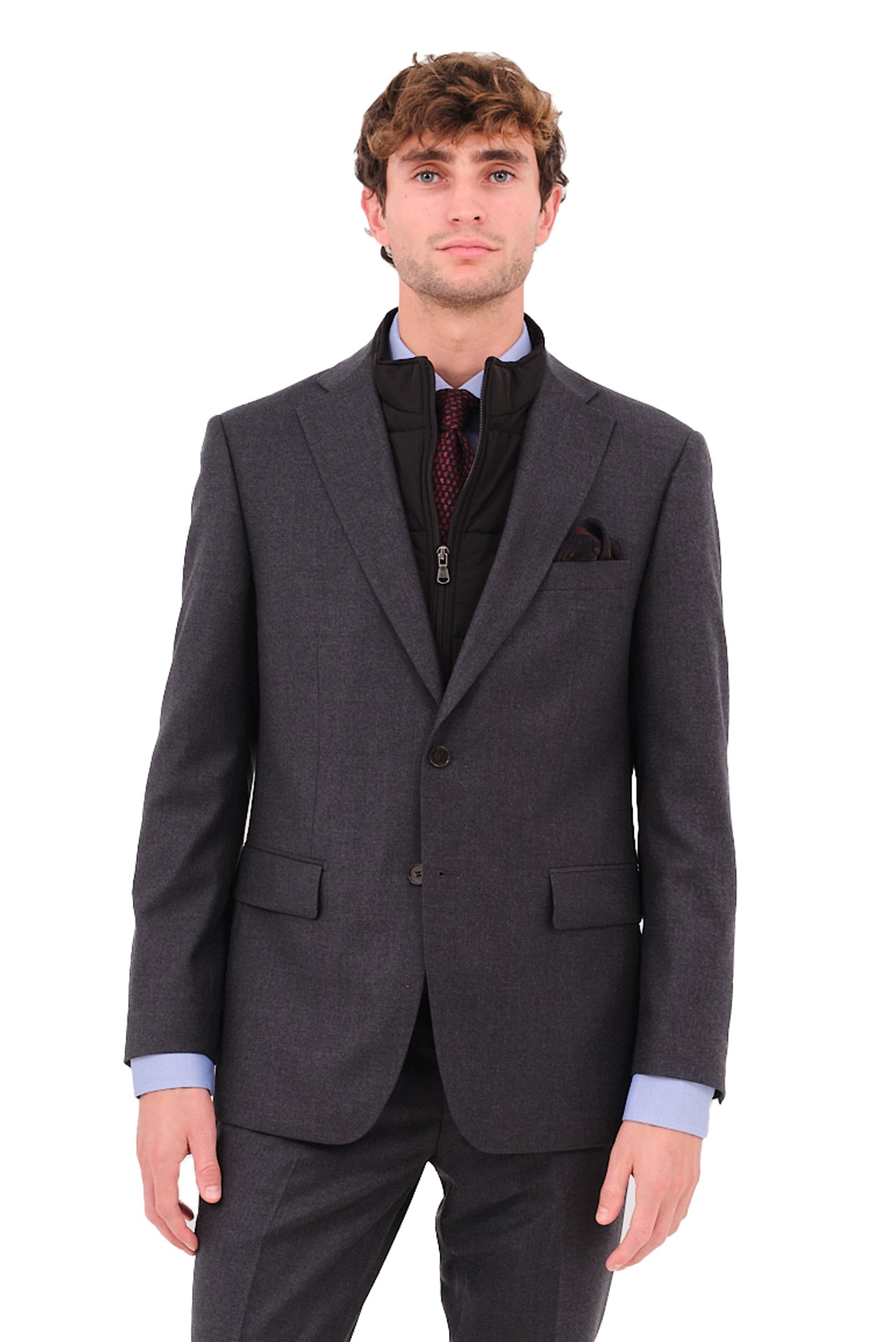 ΑΝΔΡΙΚΟ ΓΚΡΙ ΣΚΟΥΡΟ ΣΑΚΑΚΙ PORTOBELLO'S ΜΕ ΜΠΛΕ ΑΠΟΣΠΩΜΕΝΗ ΜΟΣΤΡΑ SLIM FIT