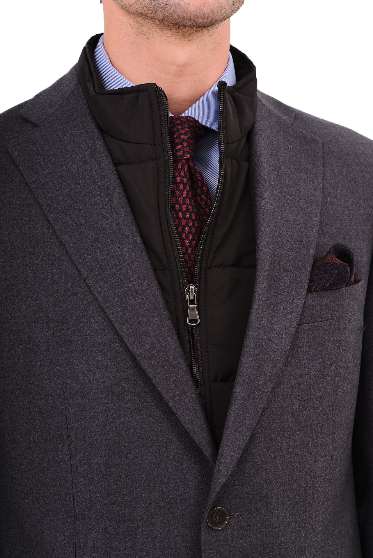 ΑΝΔΡΙΚΟ ΓΚΡΙ ΣΚΟΥΡΟ ΣΑΚΑΚΙ PORTOBELLO'S ΜΕ ΜΠΛΕ ΑΠΟΣΠΩΜΕΝΗ ΜΟΣΤΡΑ SLIM FIT