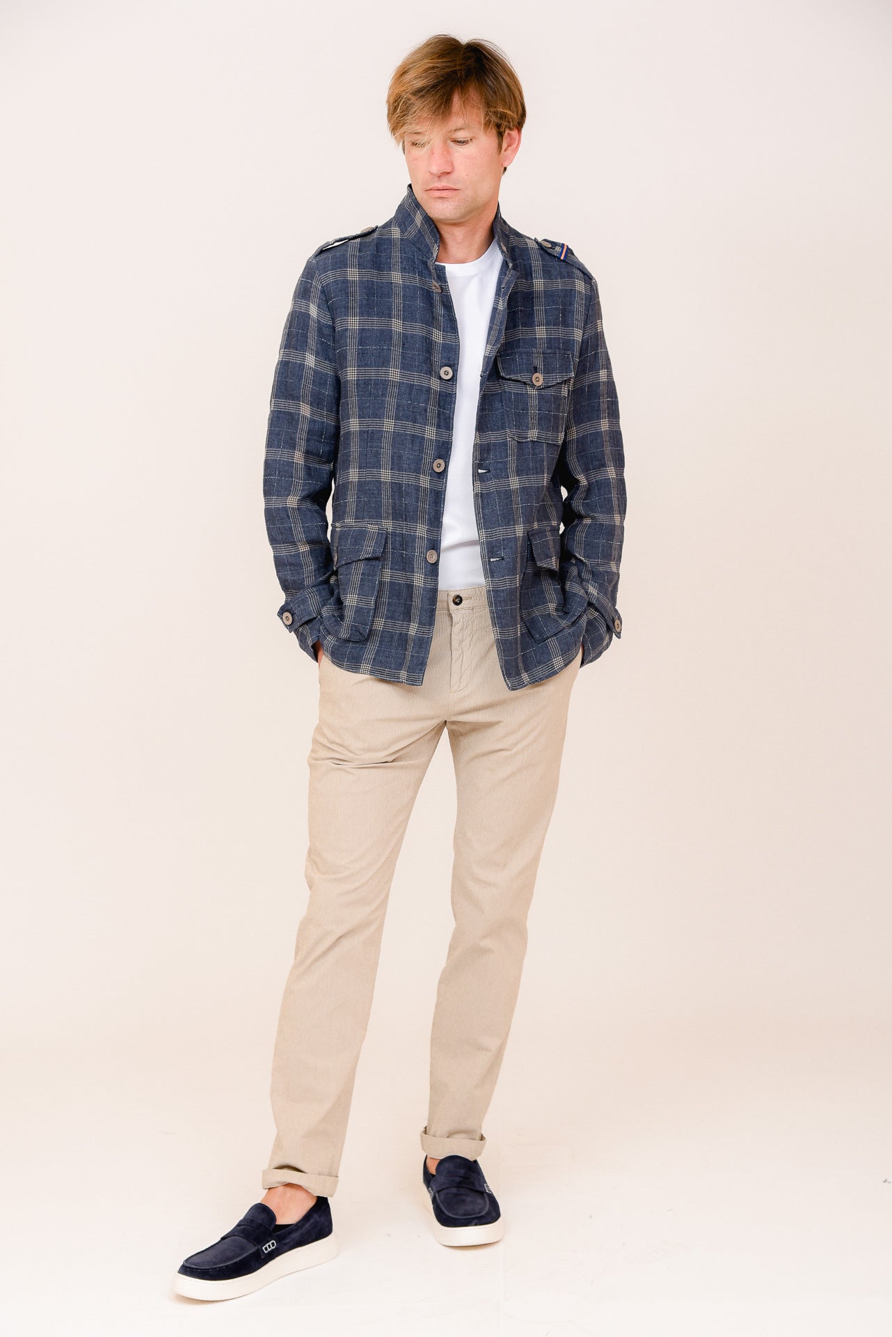 ΑΝΔΡΙΚΟ ΣΑΚΑΚΙ PORTOBELLO’S INDIGO SAFARI JACKET ΣΕ ΜΠΛΕ ΧΡΩΜΑ ΚΑΙ ΜΠΕΖ ΚΑΡΟ