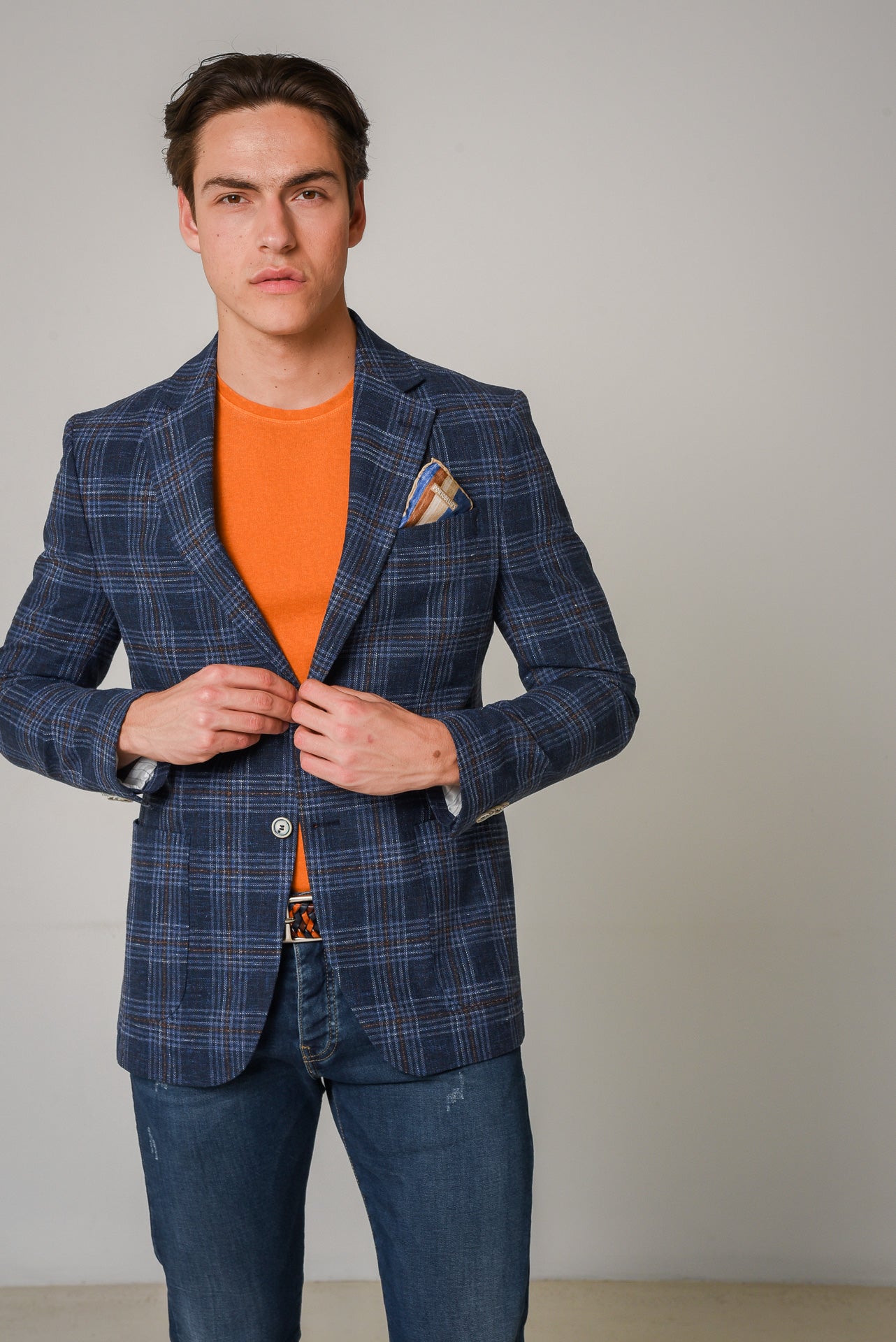 ΑΝΔΡΙΚΟ ΣΑΚΑΚΙ PORTOBELLO'S WINDOWPANE ΜΠΛΕ ΜΕ ΚΑΦΕ ΚΑΙ ΘΑΛΑΣΣΙ ΛΕΠΤΟΜΕΡΕΙΕΣ ΥΦΑΣΜΑ ANGELICO