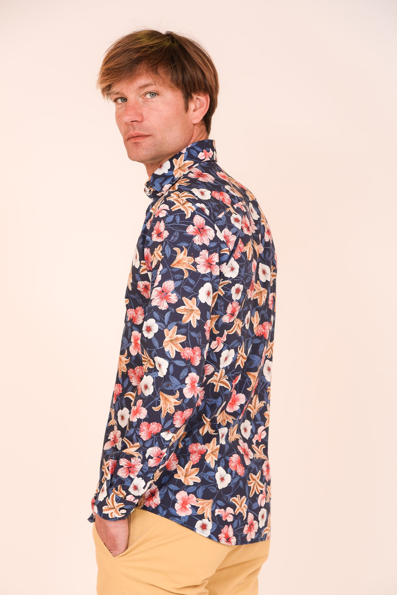 ΑΝΔΡΙΚΟ ΠΟΥΚΑΜΙΣΟ ΜΕ REX ΓΙΑΚΑ PORTOBELLO'S ΜΠΛΕ ΜΠΕΖ ΡΟΖ FLORAL SLIM FIT