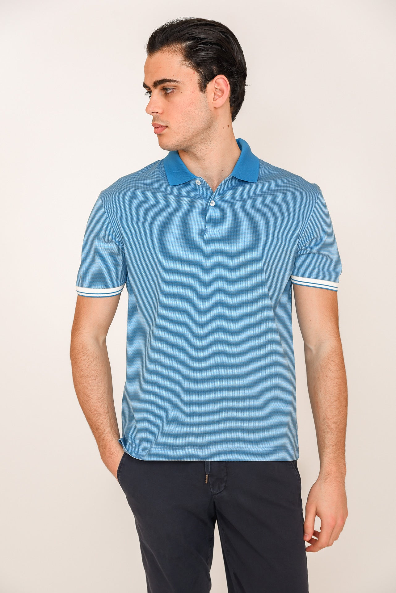 ΑΝΔΡΙΚΟ POLO PORTOBELLO'S ΣΙΕΛ ΜΕ ΛΕΥΚΕΣ ΡΙΓΕΣ ΣΤΑ ΜΑΝΙΚΙΑ